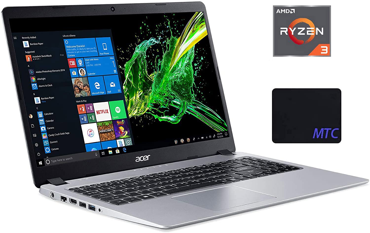 Acer Aspire 5 Slim Laptop, 15.6 inches FHD 1080P IPS Display, AMD Ryzen 3 3200U, Vega 3 Graphics, 8GB DDR4, 128GB SSD, Backlit, Windows 10 in S Mode, Silver, w MTC Mousepad