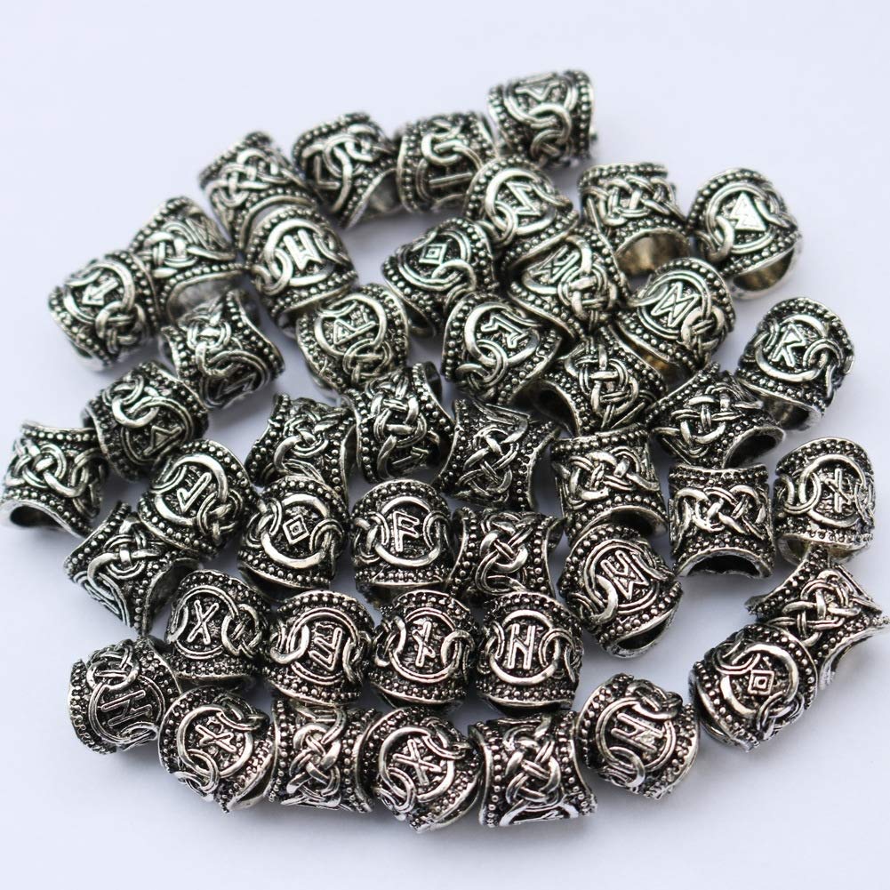 24 Pcs 304 Stainless Steel Runes Beads Viking Beard Accessories for Men Necklace Pendant Bracelet Jewelry Ring (Color : Silver)