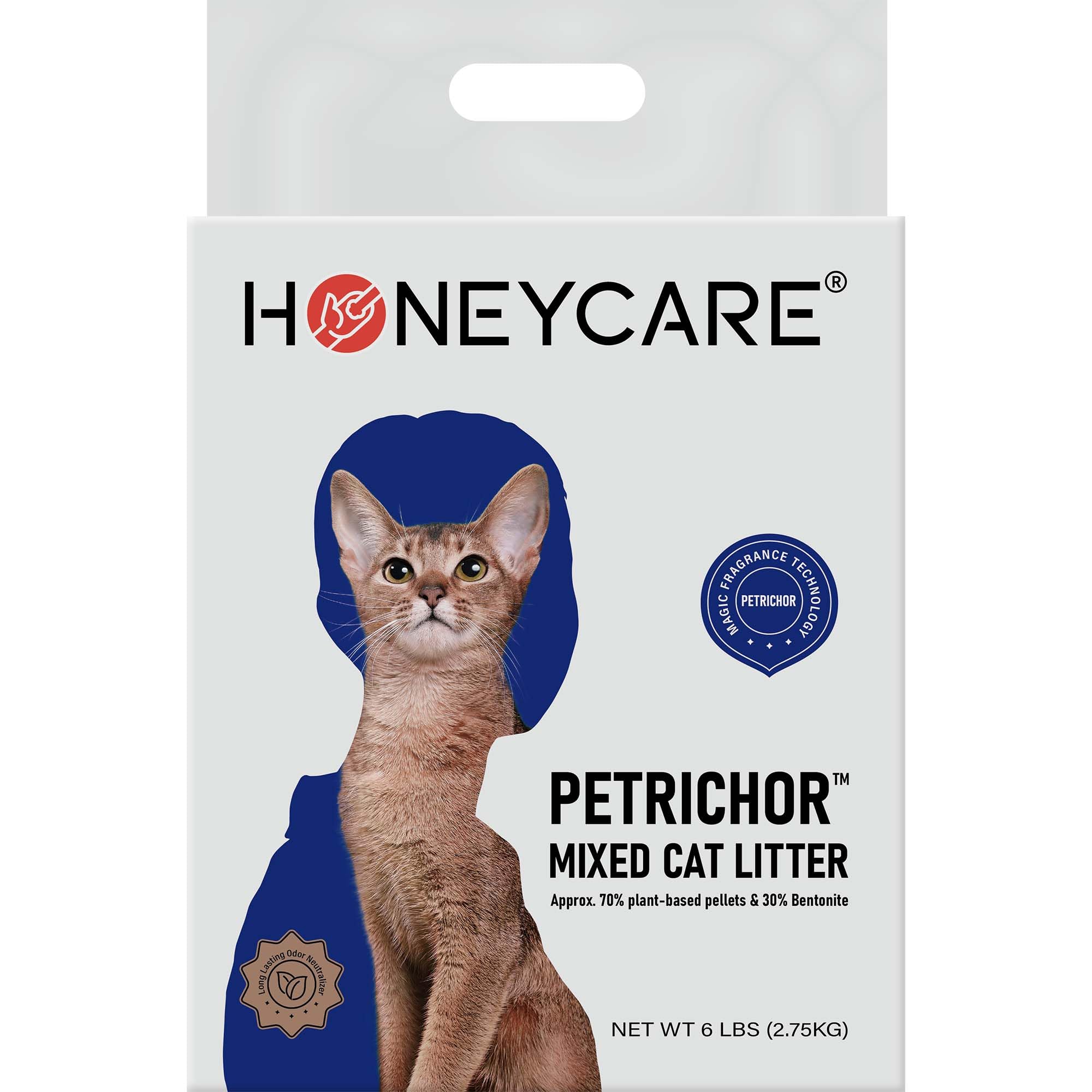 HONEY CAREPetrichor Mix Cat Litter I Tofu Cat Litter I Nature Plant-Based Pellets and Bentonite Sustainable Cat Litter I Low-Dust Qucik Clumping Superior Odor Control, 6 Lbs