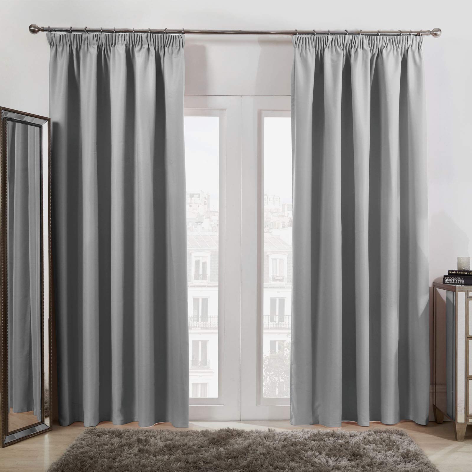 Dreamscene Pencil Pleat Blackout Curtains Set of 2 Thermal Tape Top Heading Panels, Silver Grey - Width 66" x Drop 90"