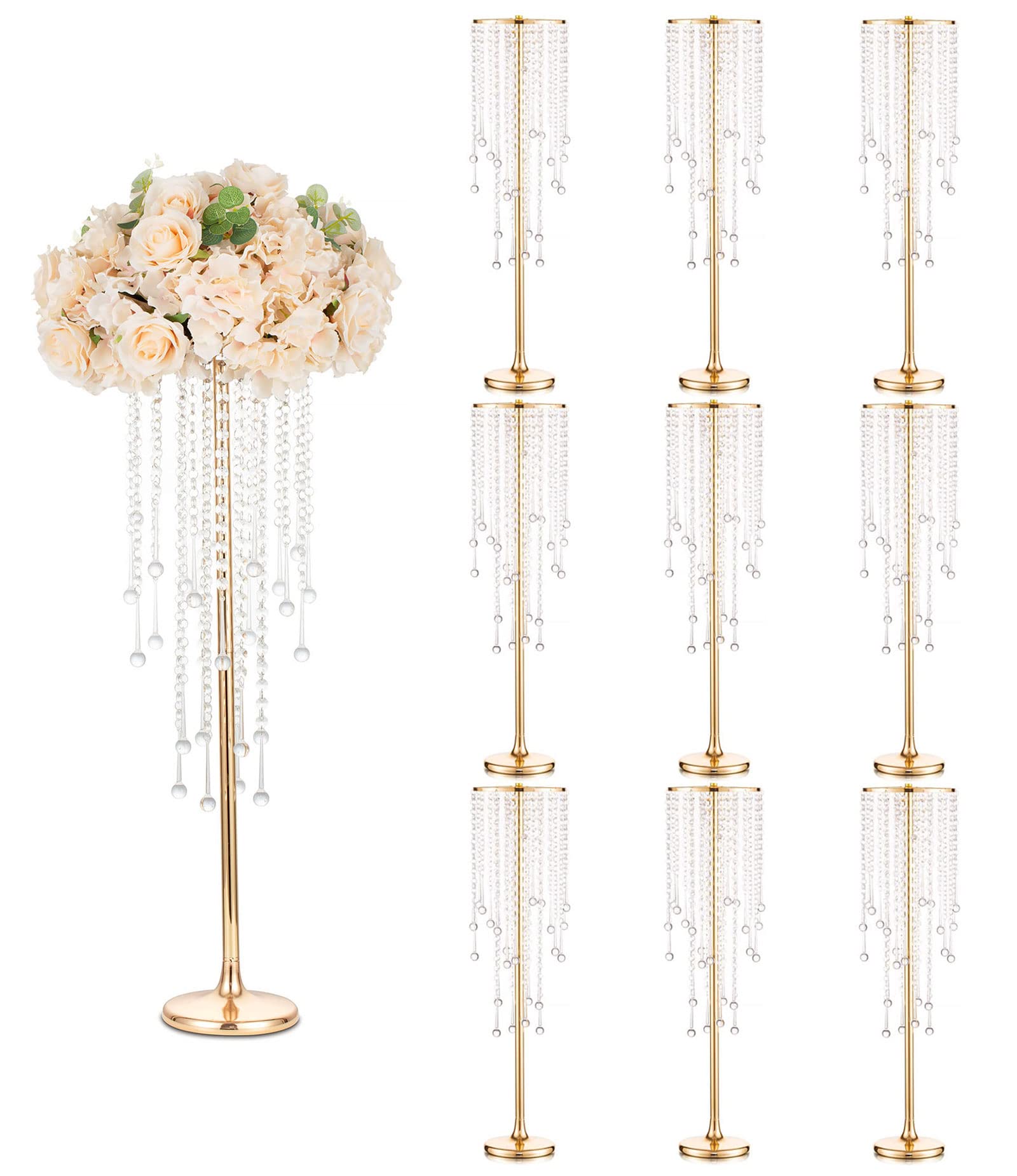 Sziqiqi  Gold  Tall  Vases  for Wedding Centerpiece - 29.5in Metal Flower Crystal Centerpieces Stand with Crystal Beads for Event Party Reception Center Piece Floral Arrangements