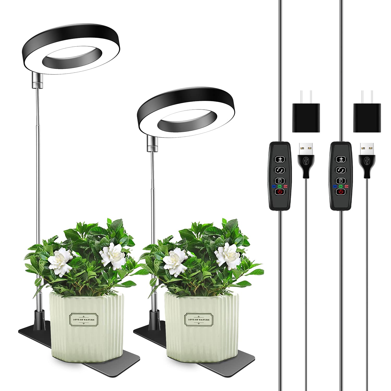 Grow Lights for Indoor Plants, 48 LEDs Full Spectrum Plant Light for Indoor Plants, Height Adjustable Growing Lamp with Base, 3 Optional Spectrums, Auto Timer 3/9/12Hrs, 10 Brightness,2 Pack