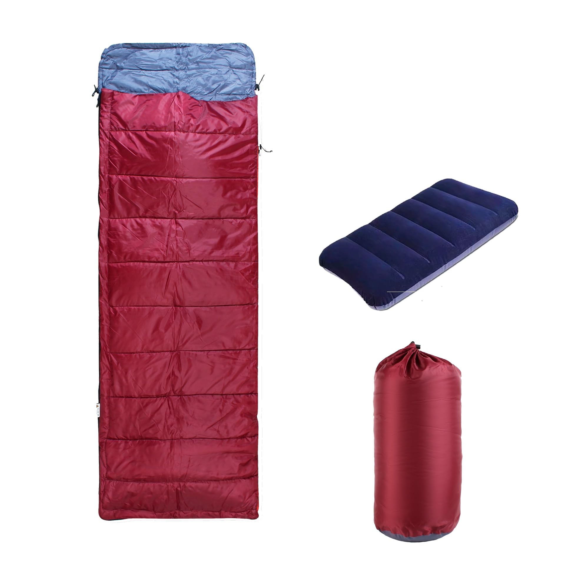 ROCKSPORT Sleeping Bag Camp Lite 8°C - 20°C,Lightweight Camping Sleep Bag for Indoors & Outdoors l Free Air Pillow & Adventure Pass(Maroon - Grey)