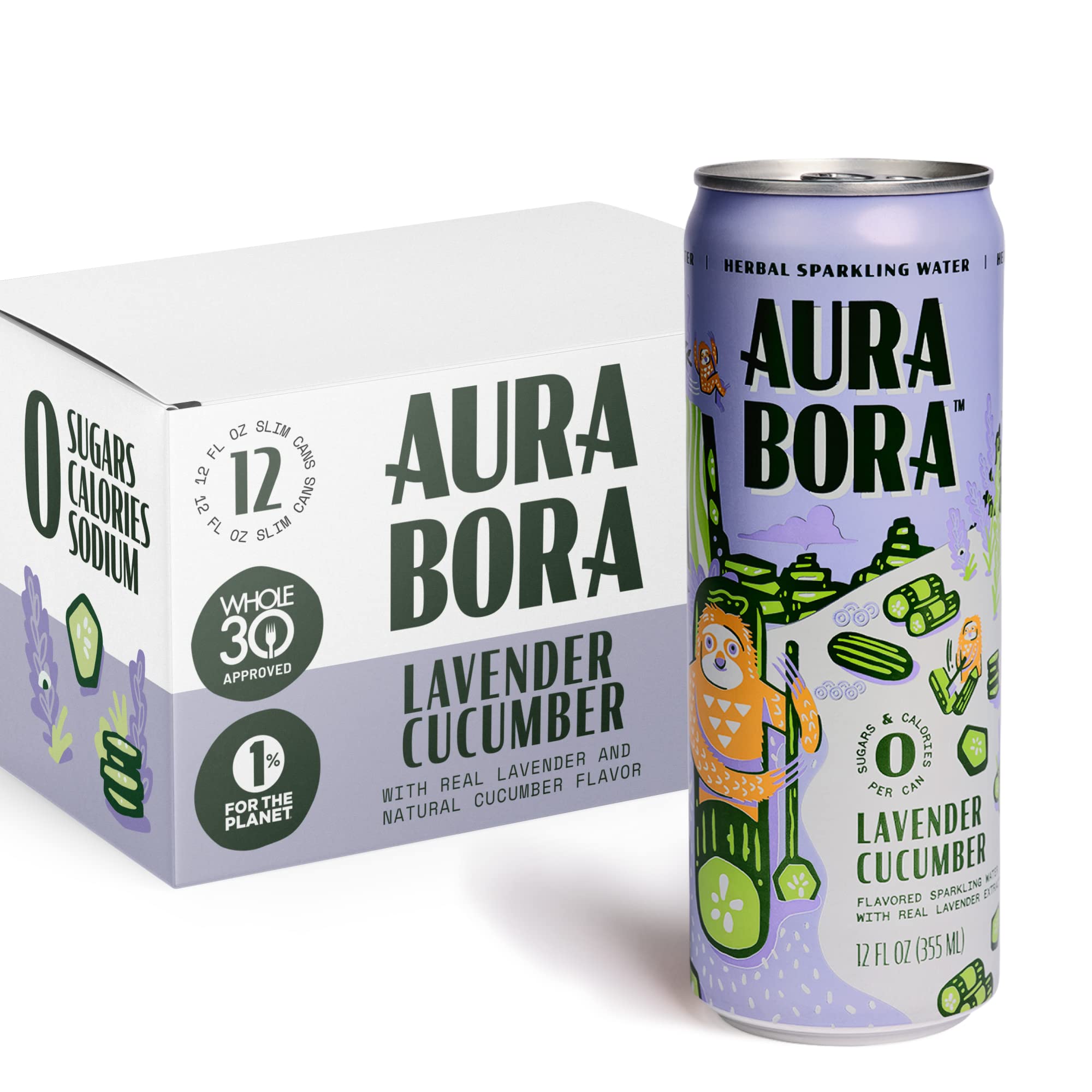 Aura Bora, Lavender Cucumber Herbal Sparkling Water, 12 oz Can (Pack of 12), 0 Calories, 0 Sugar, 0 Sodium, Non-GMO