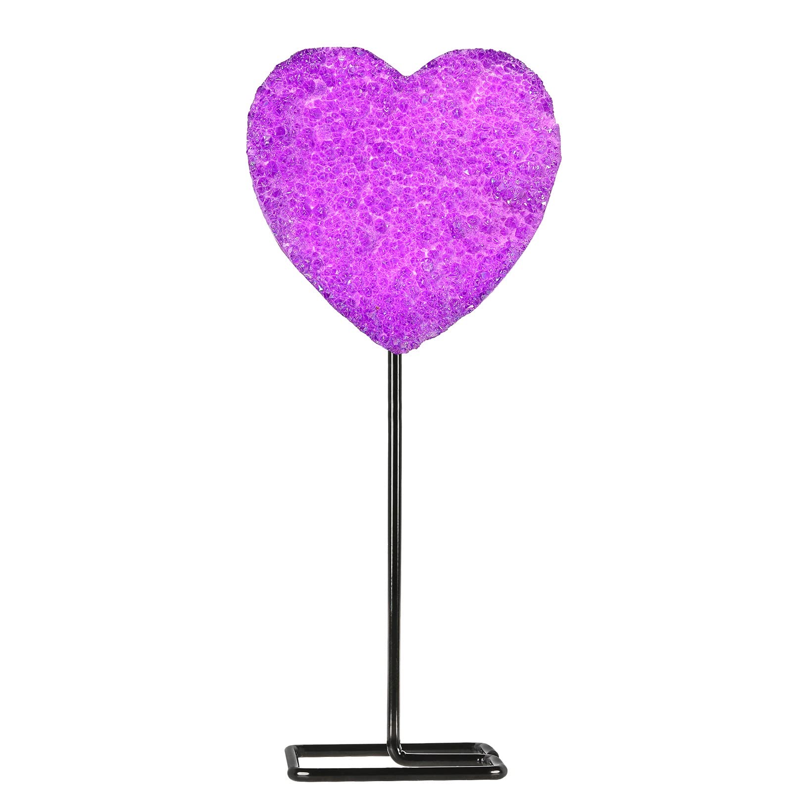 SUNYIK Heart Shaped Titanium Coated Rock Crystal Cluster on Metal Stand, Quartz Drusy Geode Specimen for Home Office Table Decoration, Orgone/Gun Black Plated Stainless Steel