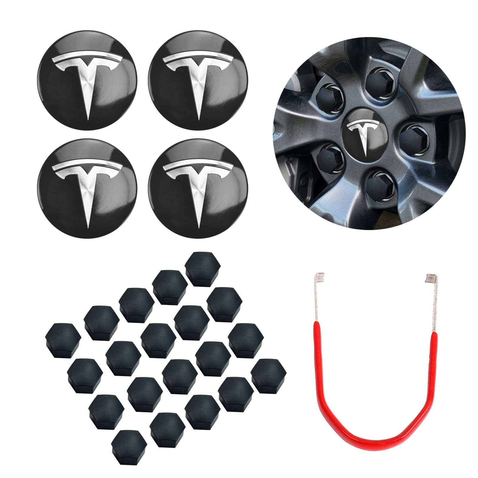 PowlamksCar Wheel Center Hub Cap Kit with Logo, Hubcaps Accessories for Tesla Model 3 Model Y (4 Silver Hub Center Caps + 20 Matte Black Lug Nut Covers + 1 Pack Wrench)