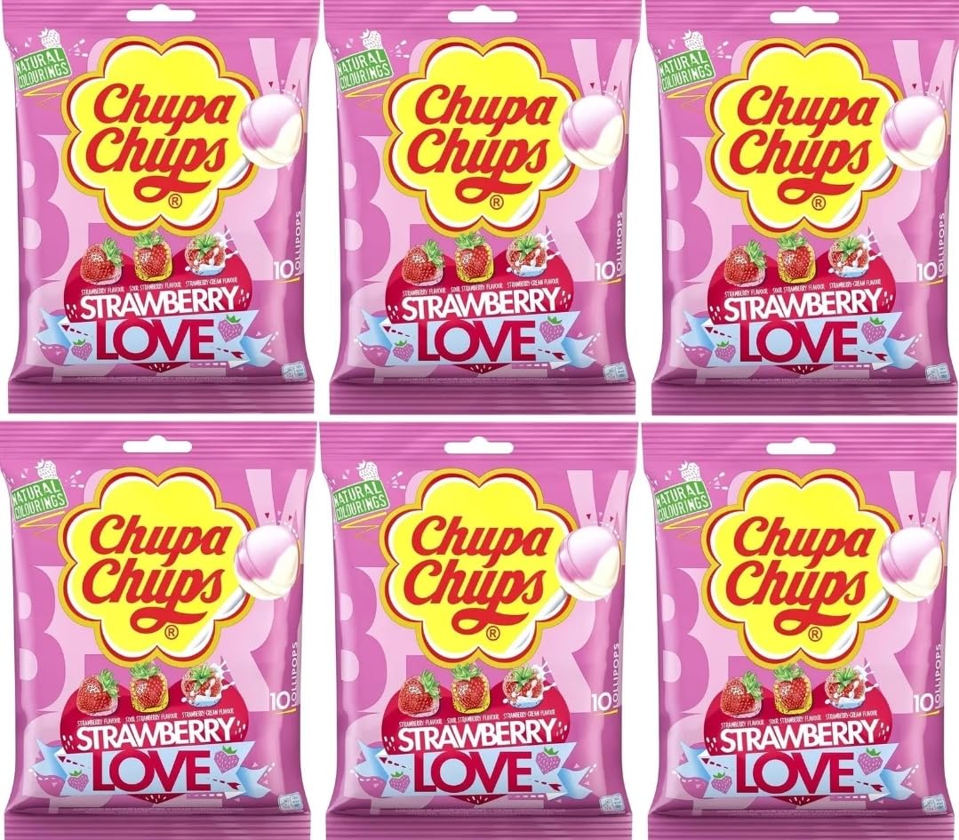 Chupa Chups Strawberry Lollipops Sweets for Party Bags, 6 X 10 (60 Lollies) 3 Flavour Lollies for Sharing - Treats for kids