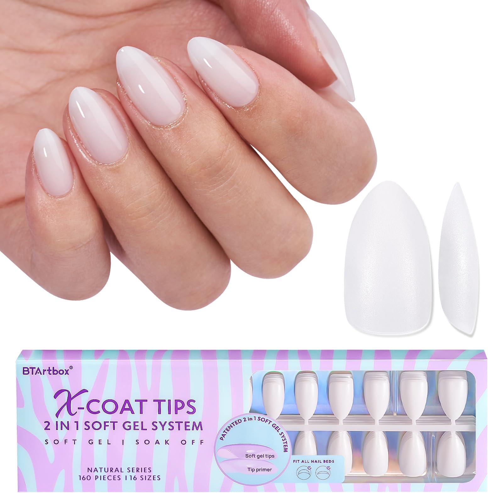 BTArtboxnails Almond Gel Nail Tips Short - Pre Colored Milky White Soft Gel Nail Tips, Milky White Press on Nails, Natural XCOATTIPS Pre Applied Tip Primer