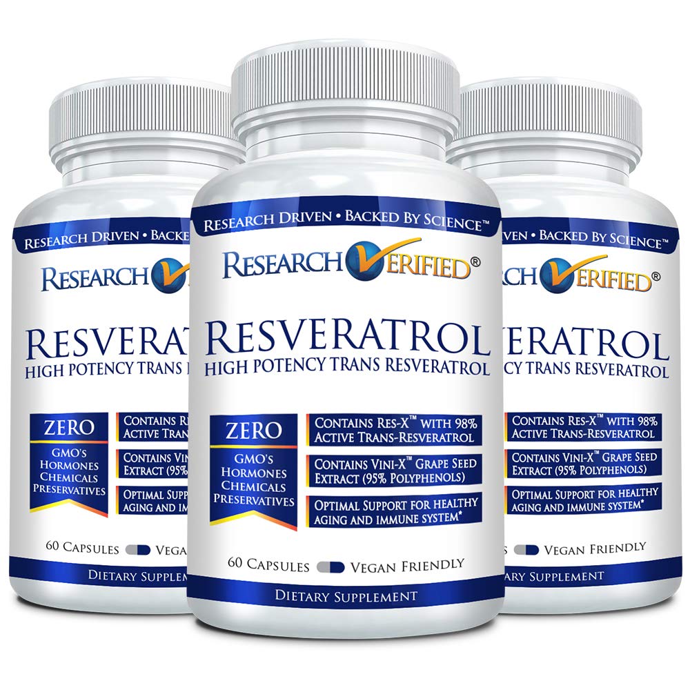 Research Verified Resveratrol - 98% Trans-Resveratrol 1000 mg, Anti-Aging Support - 60 Capsules per bottle - 3 bottles