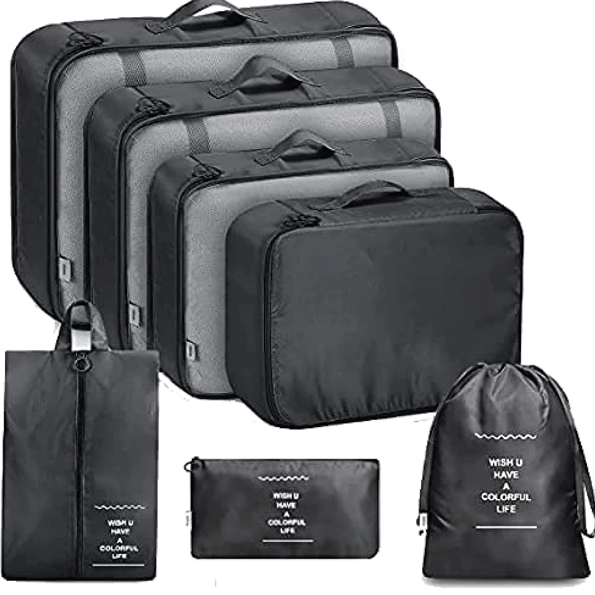 Sulfar Grand 7 pcs Set Travel Luggage Organizer Packing Cubes Set Storage Bag Waterproof Laundry Bag Traveling Accessories, Black