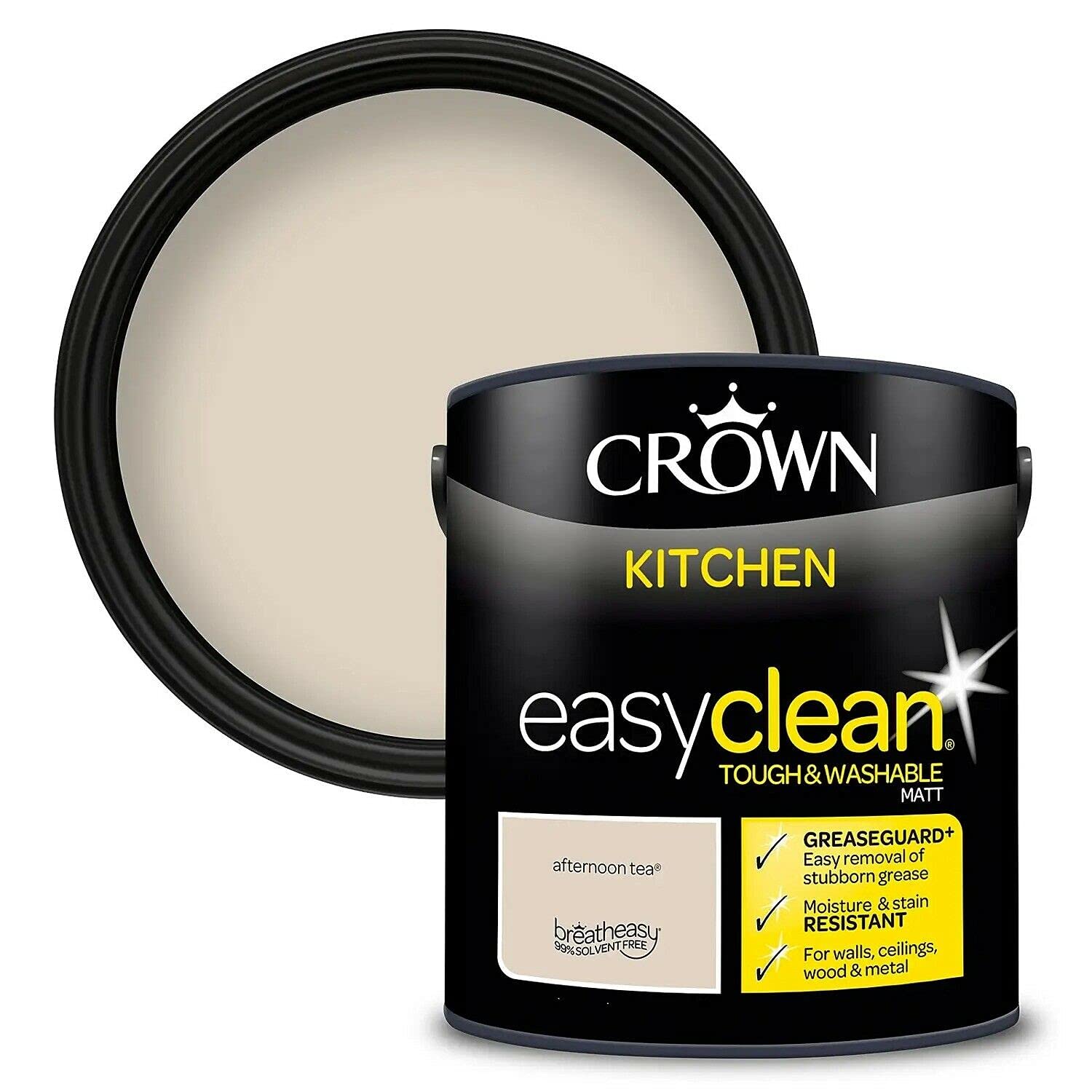 CROWN2.5L Easyclean Kitchen MATT Emulsion Multi Surface Paint With GREASEGUARD+ That can be Used on Walls, Ceilings, Wood and Metal. Stain & Scrub Resistant Formula – Afternoon Tea