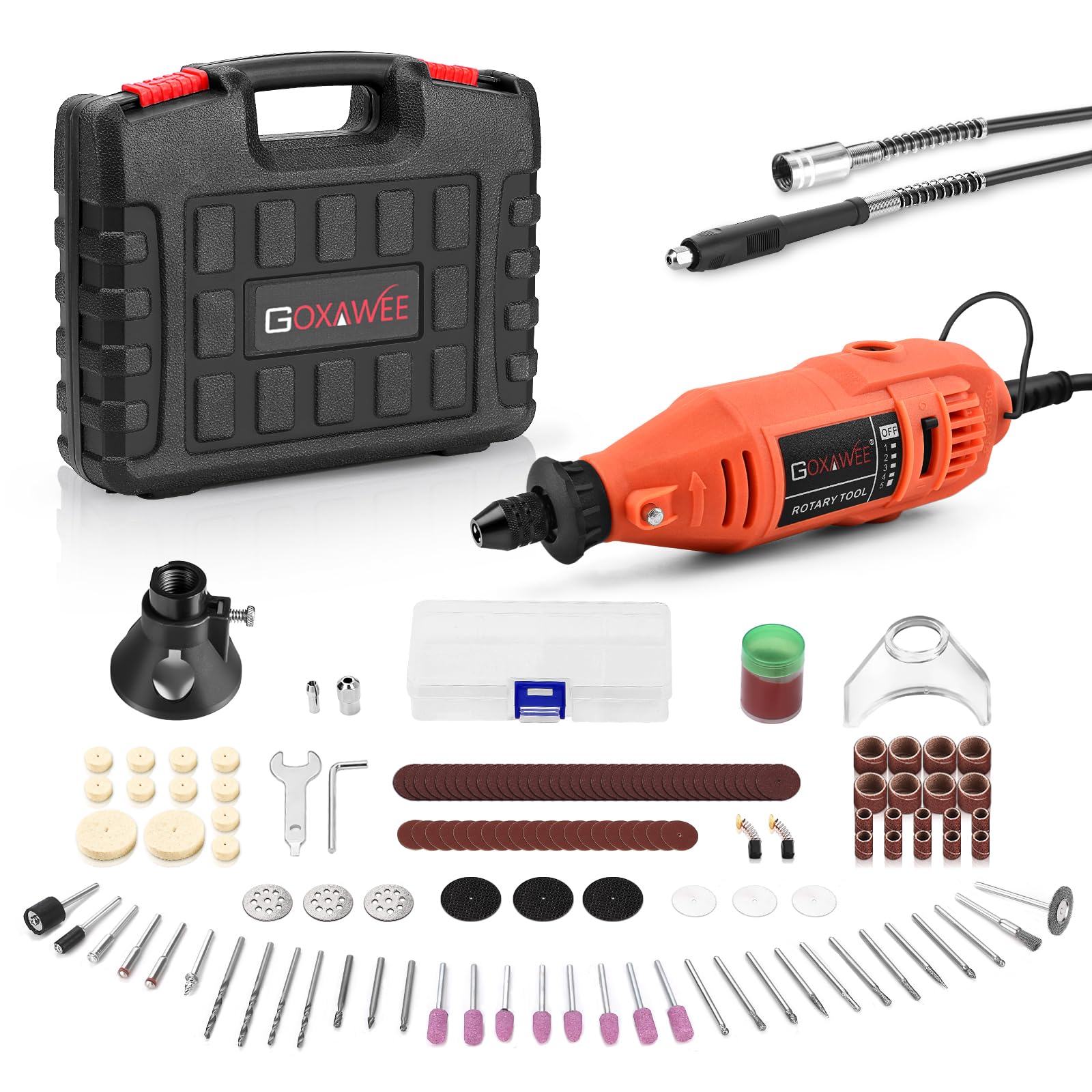 GOXAWEE Rotary Tool Kit with MultiPro Keyless Chuck and Flex Shaft - 140pcs Accessories Variable Speed Electric Drill Set for Crafting Projects and DIY Creations