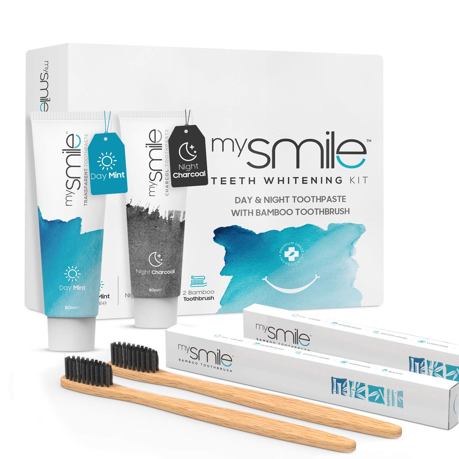 Teeth Whitening Toothpaste Kit (Day & Night) with 2 Bamboo Toothbrushes - Vegan - 60ml Each Aloe Vera & Activated Charcoal Toothpaste for Fresh Breath & White Teeth - Peroxide Free & Enamel Safe