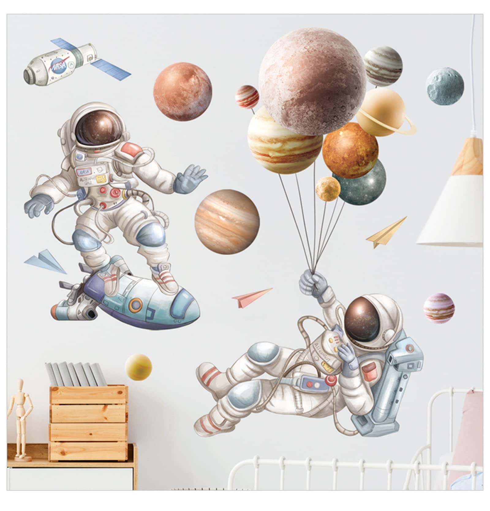 TERRIFI Astronaut Wall Decals, Satellite Planets and Stars Outer Space Wall Art Wall Stickers, Nursery Kids Room Gaming Room Wall Decor