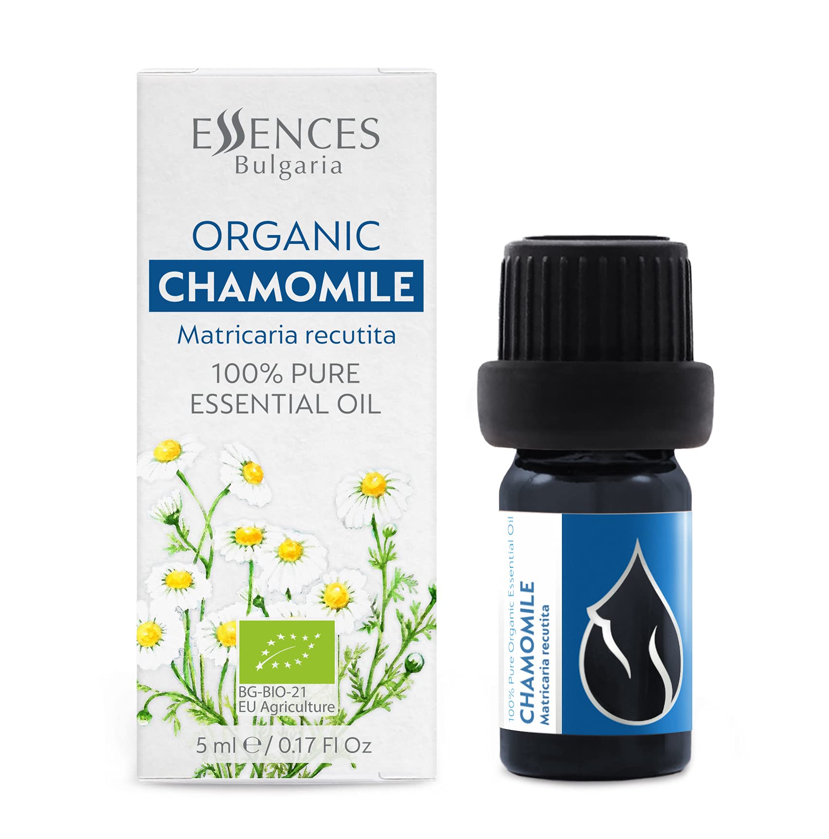 Essences Bulgaria Organic Chamomile Essential Oil - Blue 5ml | Matricaria recutita | 100% Pure and Natural | Undiluted | Therapeutic Grade | Family Owned Farm | Steam-Distilled | Non-GMO | Vegan