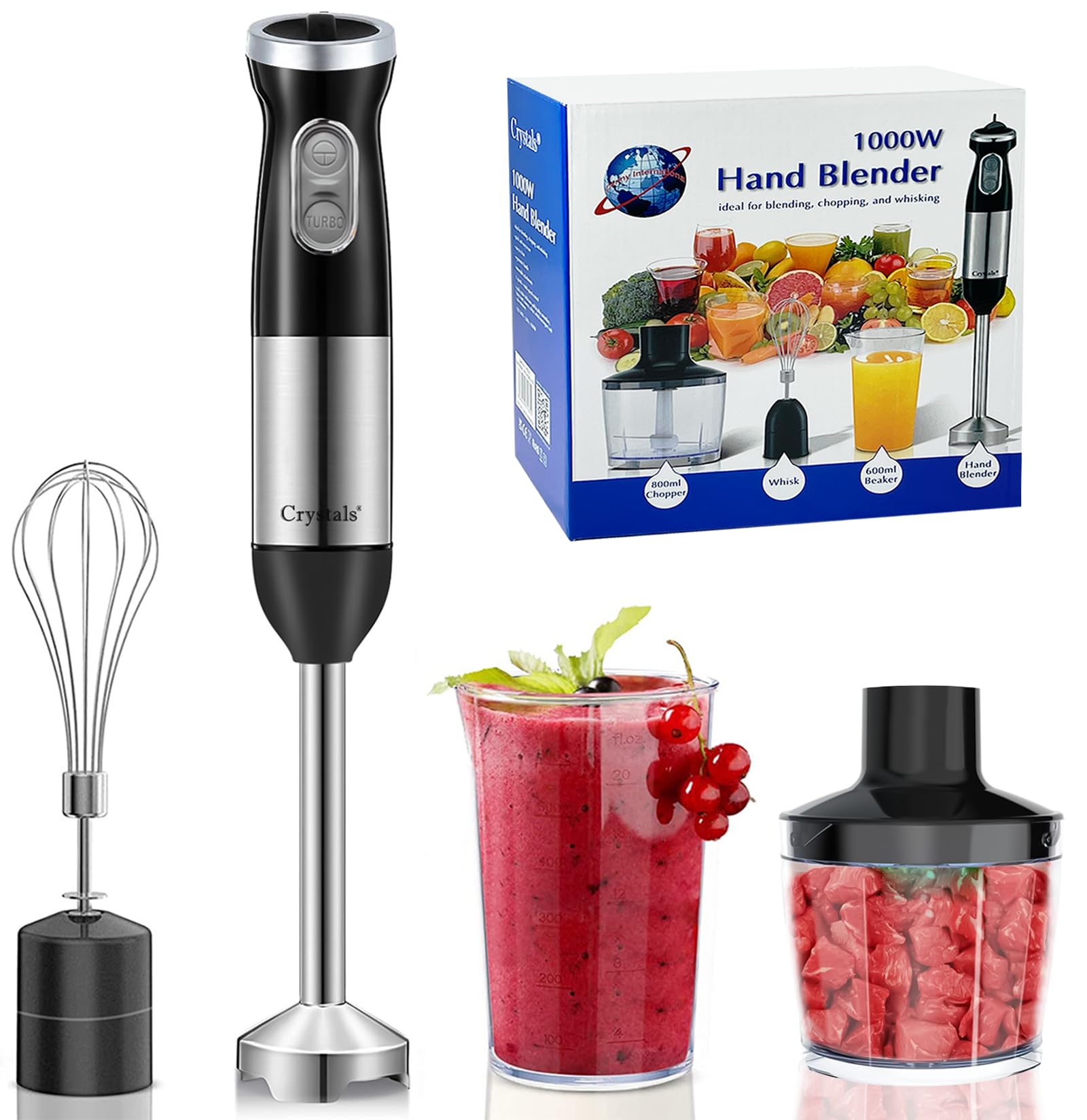 Crystals 1000W Hand Blender, 4-in-1 Stainless Steel Electric Stick Blender, Variable Speed Food Blender with Egg Whisk, Chopper, 600ml Measuring Cup, Food Processor for Baby Food - BPA Free