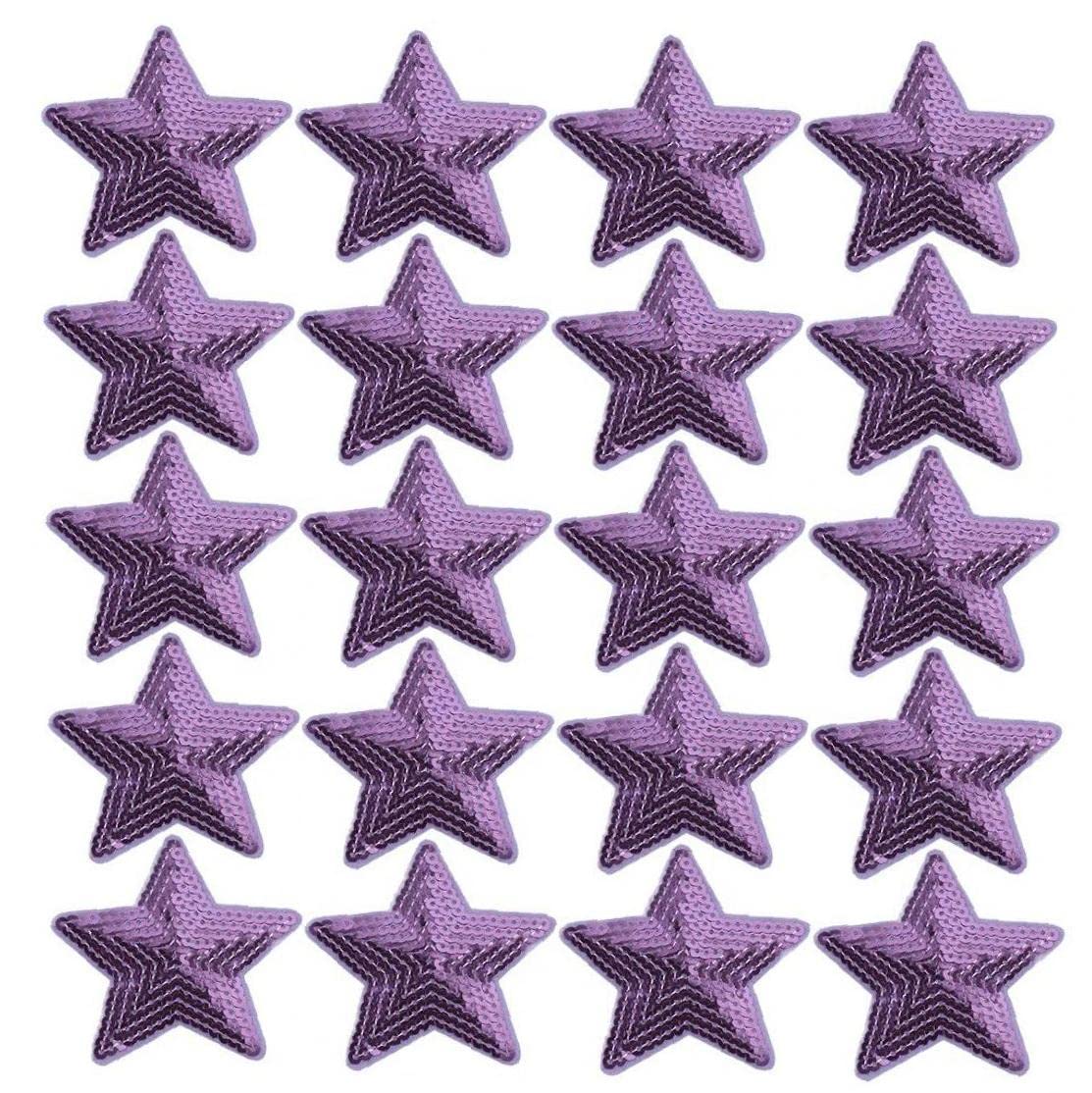 Froiny Iron on Star Patches 20pcs Glitter Shiny Sequin Star Appliques DIY Embroidered Patches for Clothing Repair Decoration, Gold,Silver,Purple, 3.35 inches