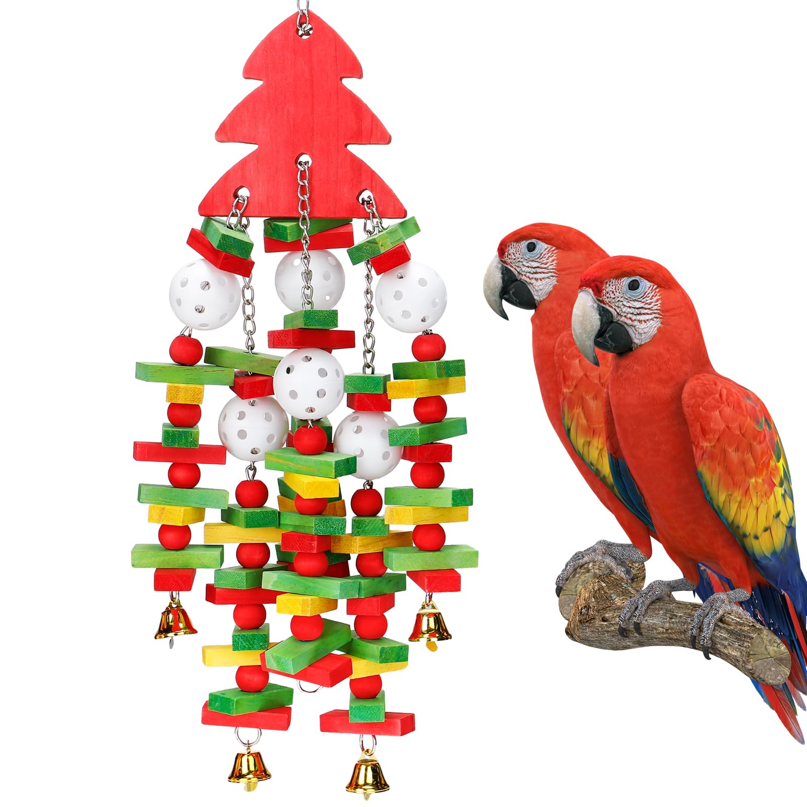 MEWTOGO Large Bird Toy, Natural Wooden Parrots Toys with Colorful Edible Blocks for Macaw African Grey Amazon Parrots, Parrot Chewing Toy for Gifts Bird Playing (Red)