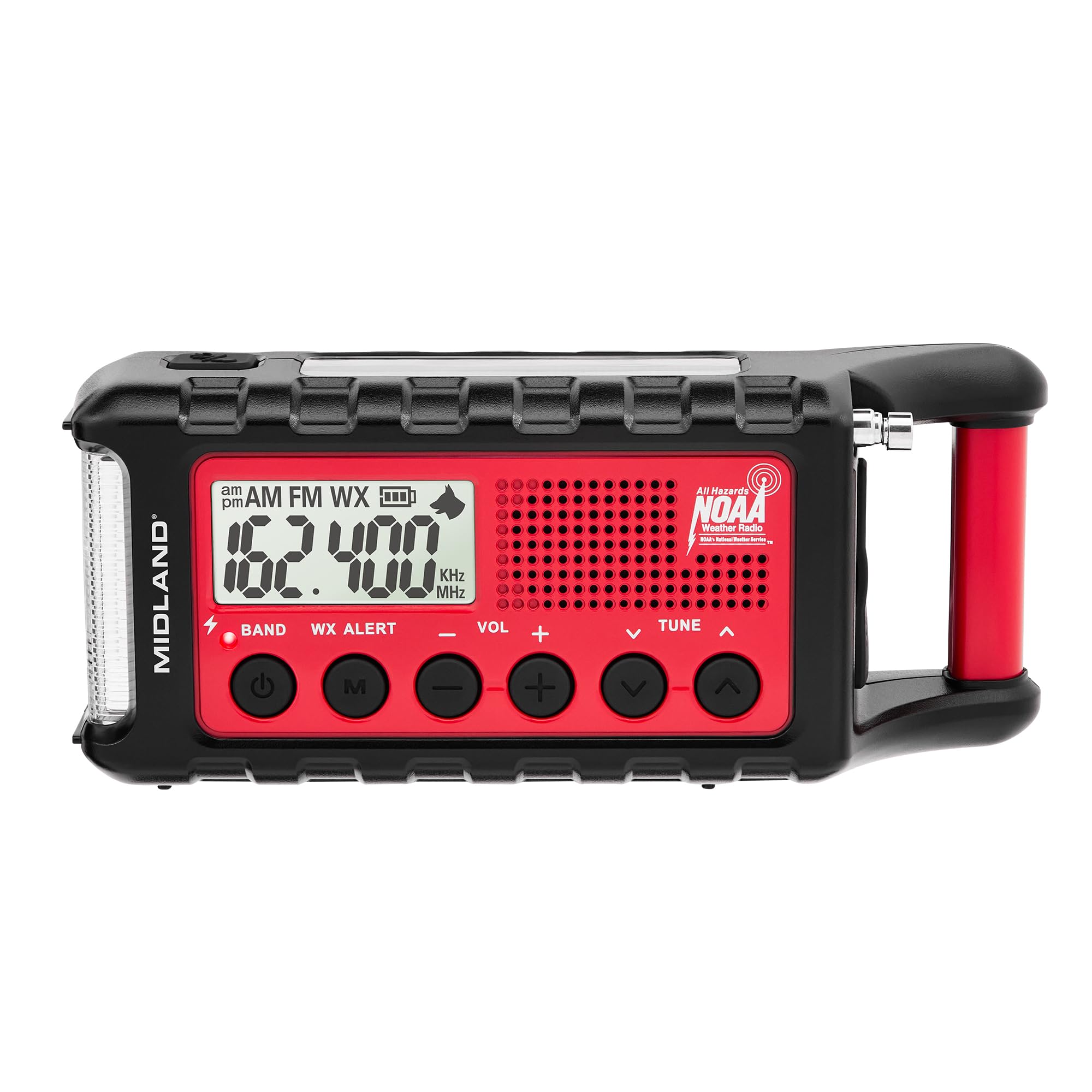 MidlandER310, Emergency Crank Weather AM/FM Radio - Multiple Power Sources, SOS Emergency Flashlight, Ultrasonic Dog Whistle, & NOAA Weather Scan + Alert (Red/Black)