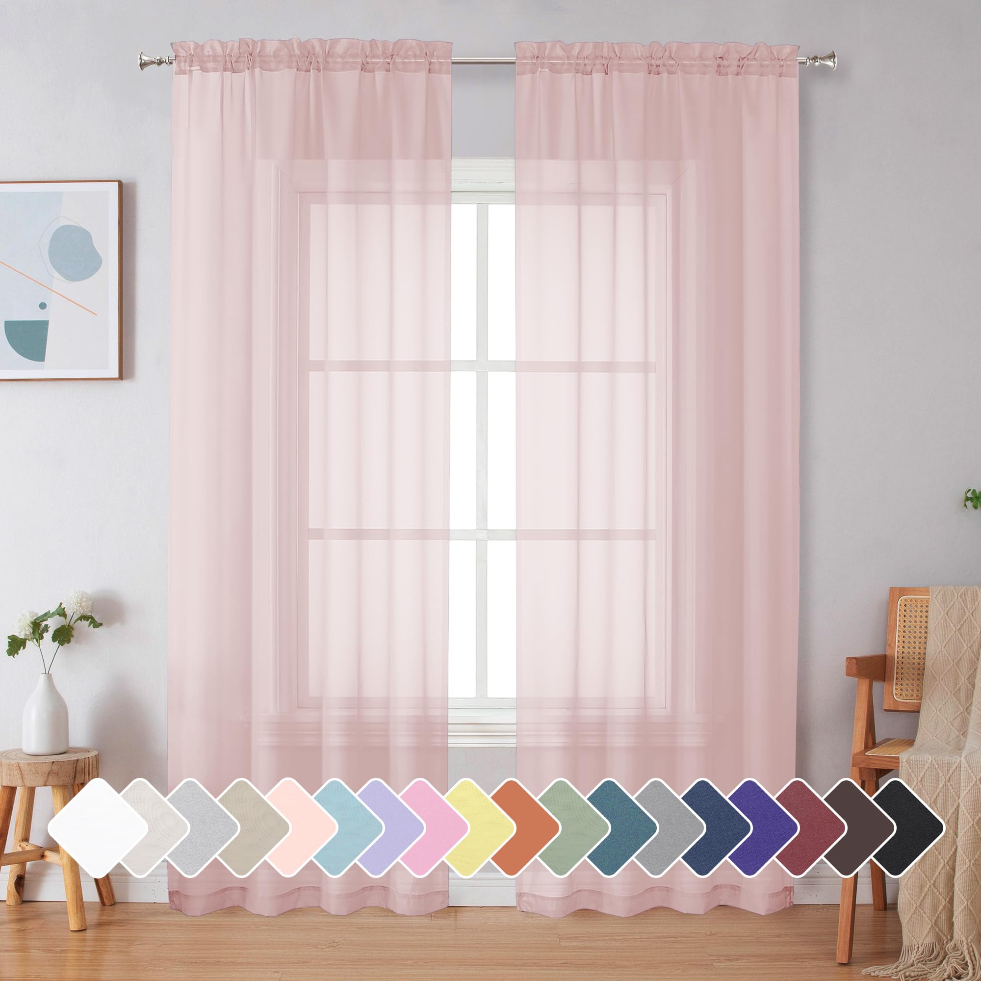 Blush Sheer Curtains 84 Inches Long, Light Filtering Rod Pocket Solid Color Window Sheer Curtain Panels, Elegant Curtains & Drapes for Living Room, Bedroom 2 Panels (42" W x 84" L)