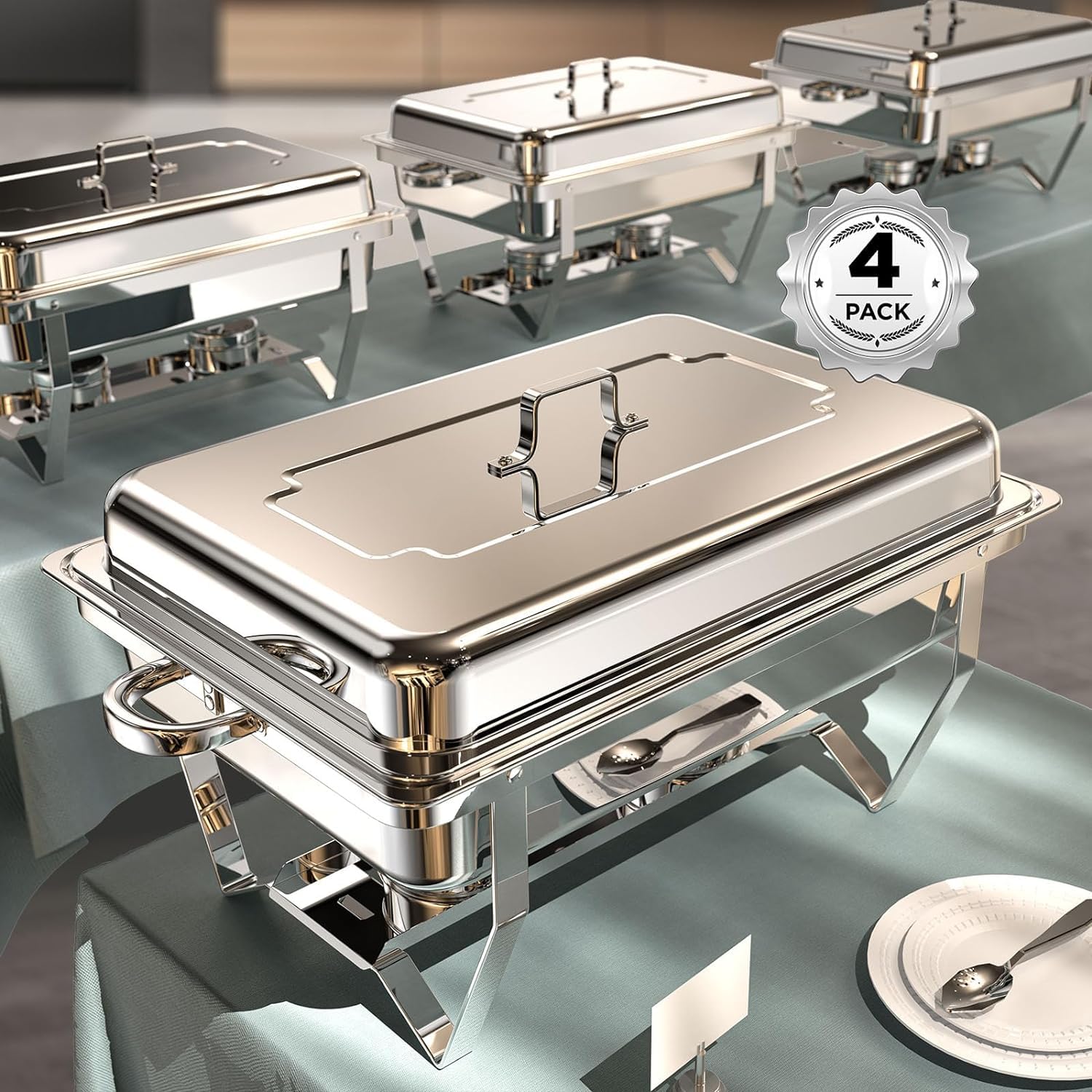 Chafing Dishes for Buffet 4 Pack, 9QT [No Fingers Cut] Roll Edge Designed Chafing Dish Buffet Set [Mirror-Like Polished Finish] Food Warmers for Parties, Birthday, Holiday Parties, Church Events, etc