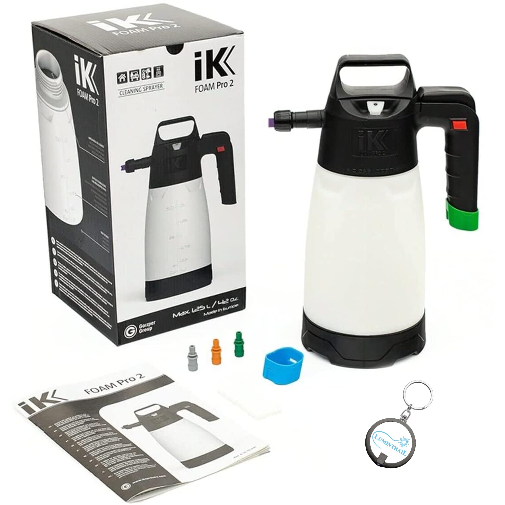 iK Foam PRO 2 Pump Sprayer, Professional Spray Bottle for Automotive Cleaning, Detailing, and Industrial Cleaning, Bundle with a Lumintrail Keychain