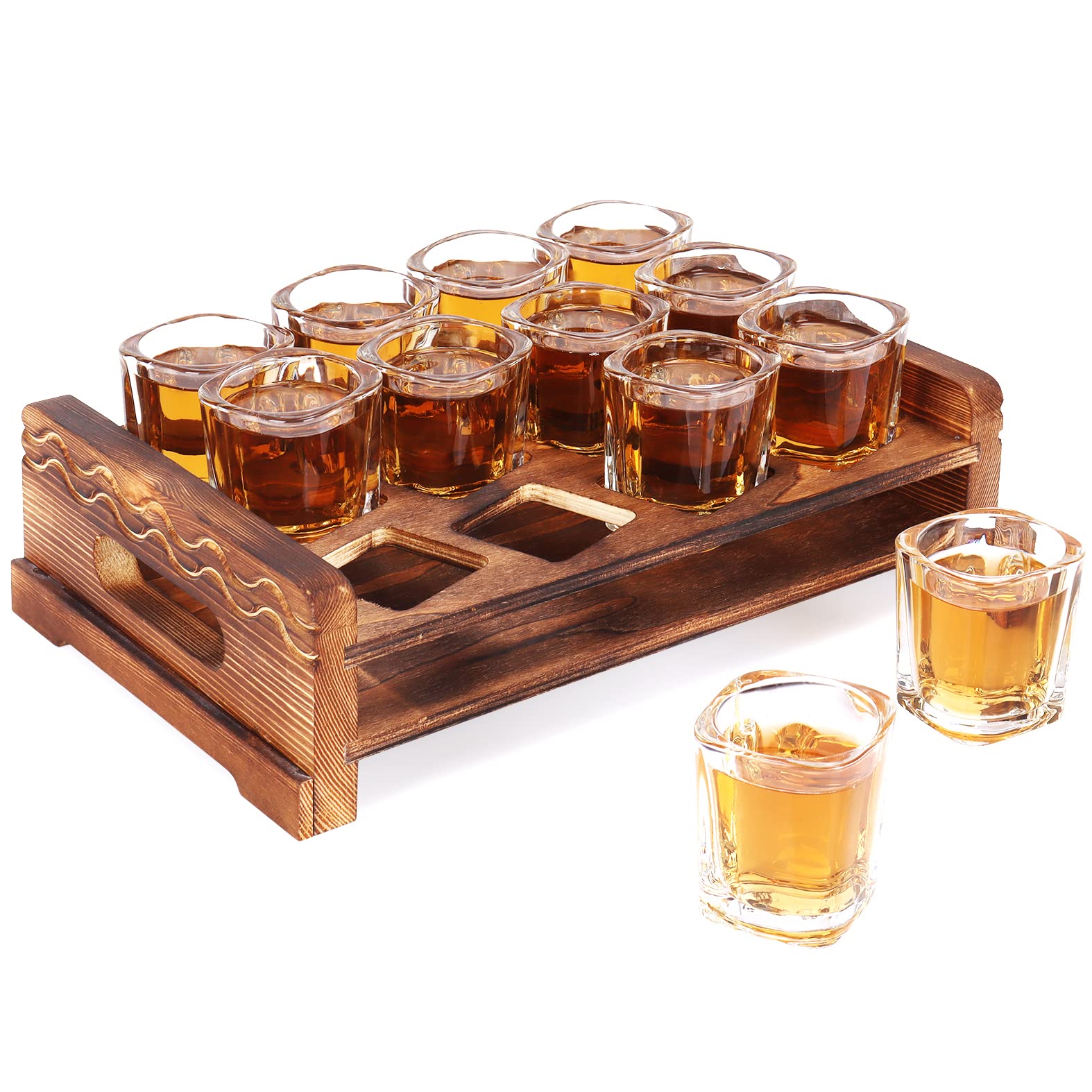 Vivimee Shot Glass Holder Set with 12 Clear Shot Glasses, 2.3 oz Square Shot Glasses Set with Rustic Burnt Wood Serving Tray, Crystal Shot Glass for Whiskey, Tequila, Liqueurs, Party & Collection