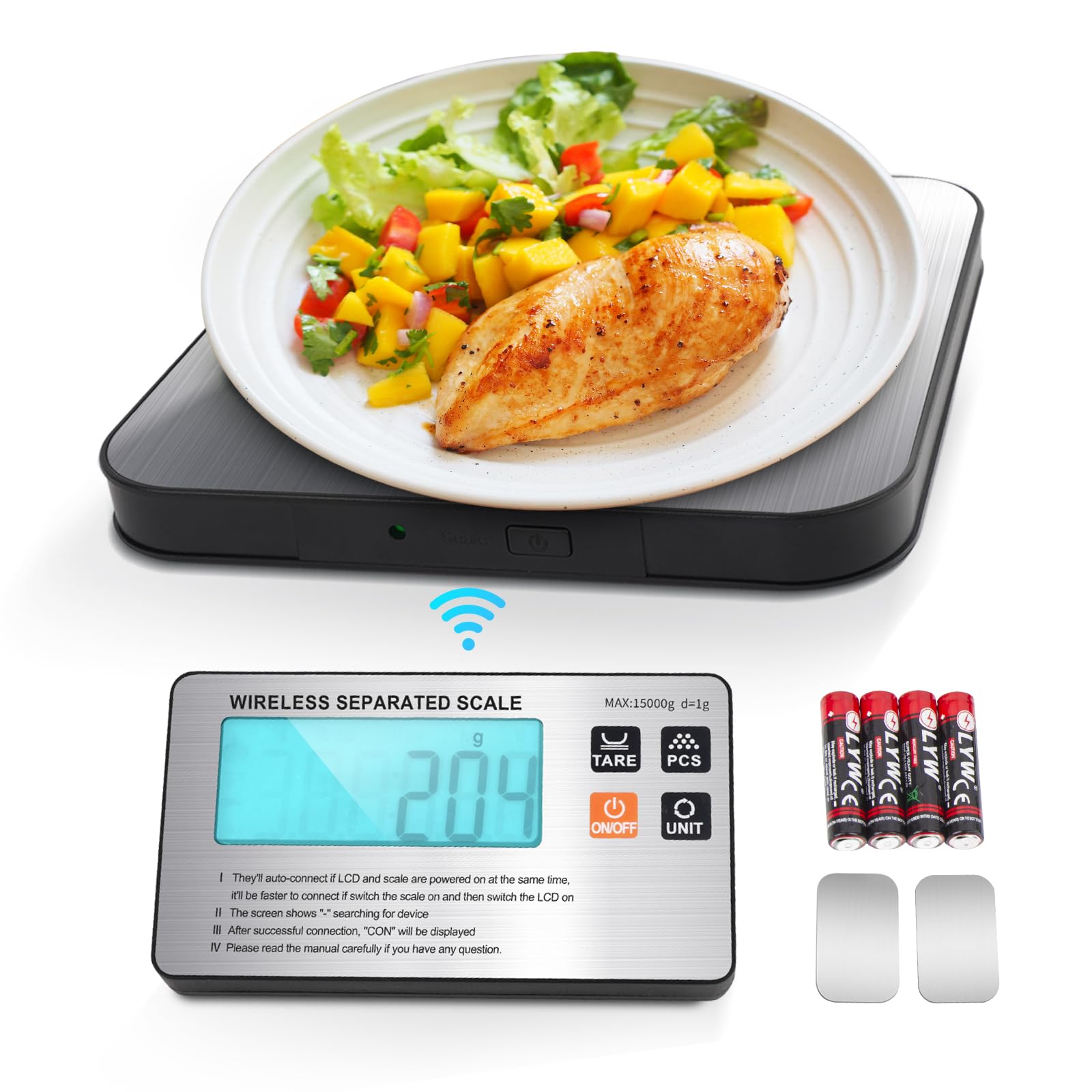 Digital Food Scale with Wireless LCD Display, 15kg/33lb Cooking Scale with 7 Weighing Modes, 1g High Accuracy for Baking/Cooking/Coffee