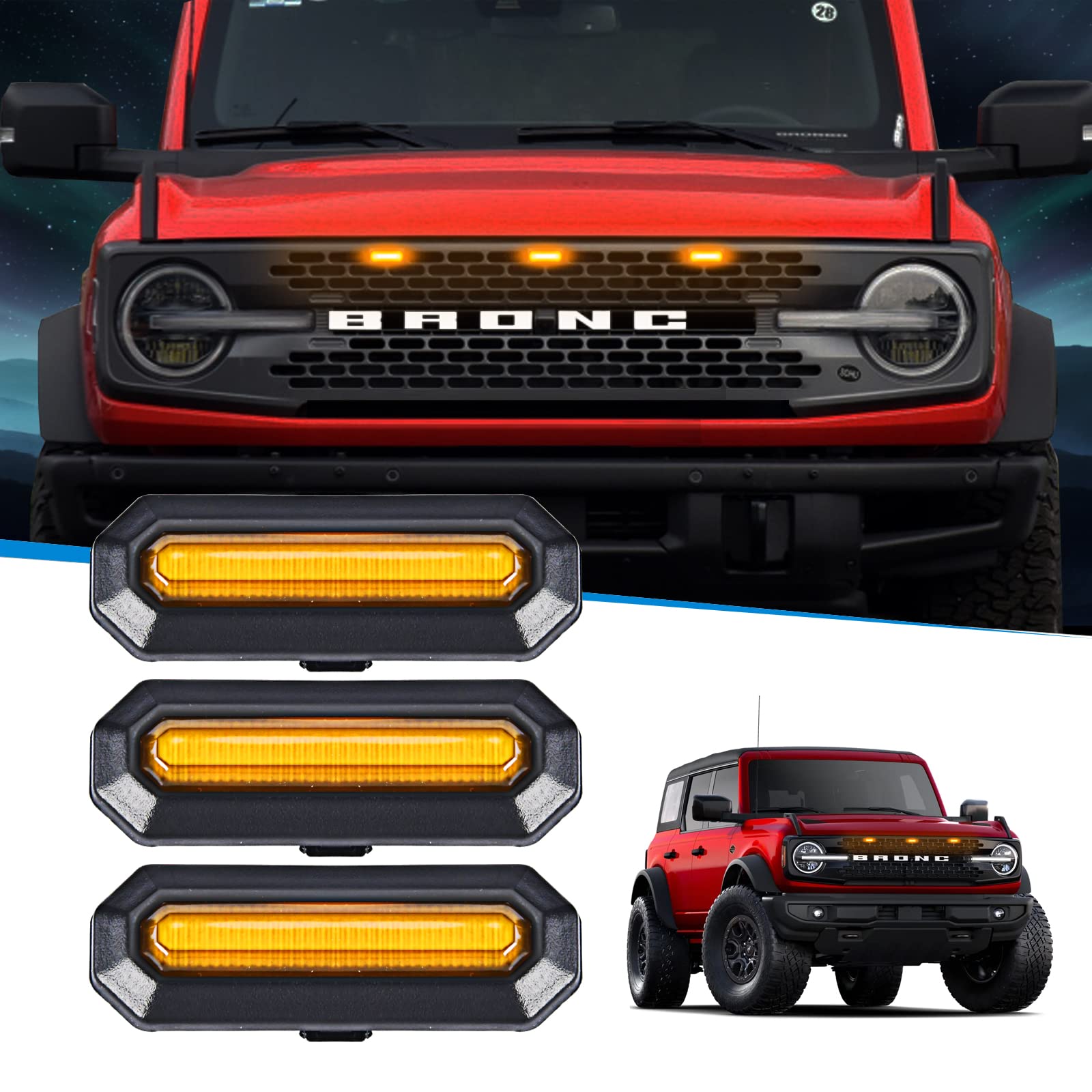 LED Grill Lights Compatible for Bronco Accessories, 3pcs Amber OEM Grille Lamps fit Badlands Wildtrak & Everglades, 2021 2022 2023 2/4-Door