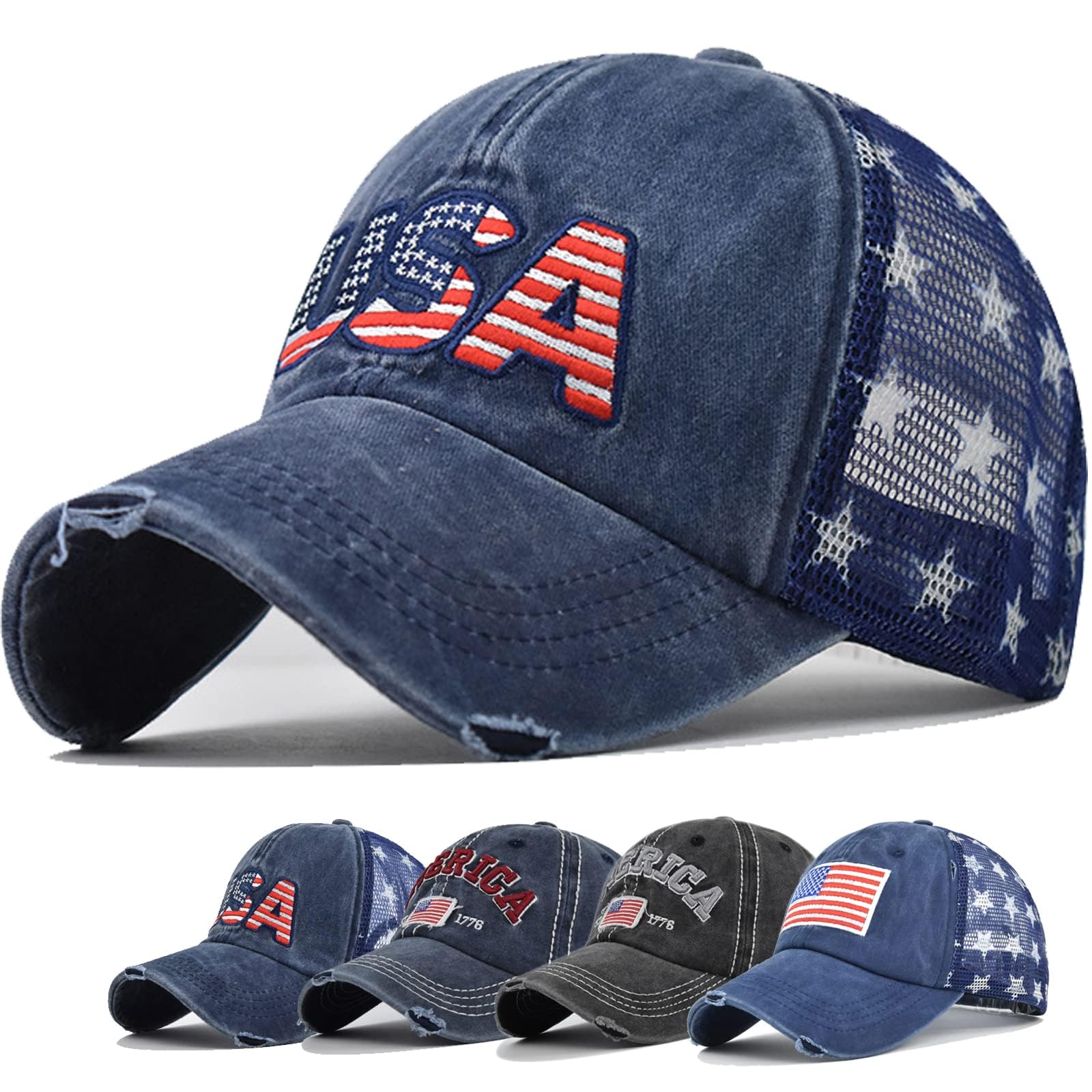 American Flag Hat Unisex Vintage Embroidery Washed Distressed Cotton Baseball Cap Adjustable USA Trucker Dad Hat