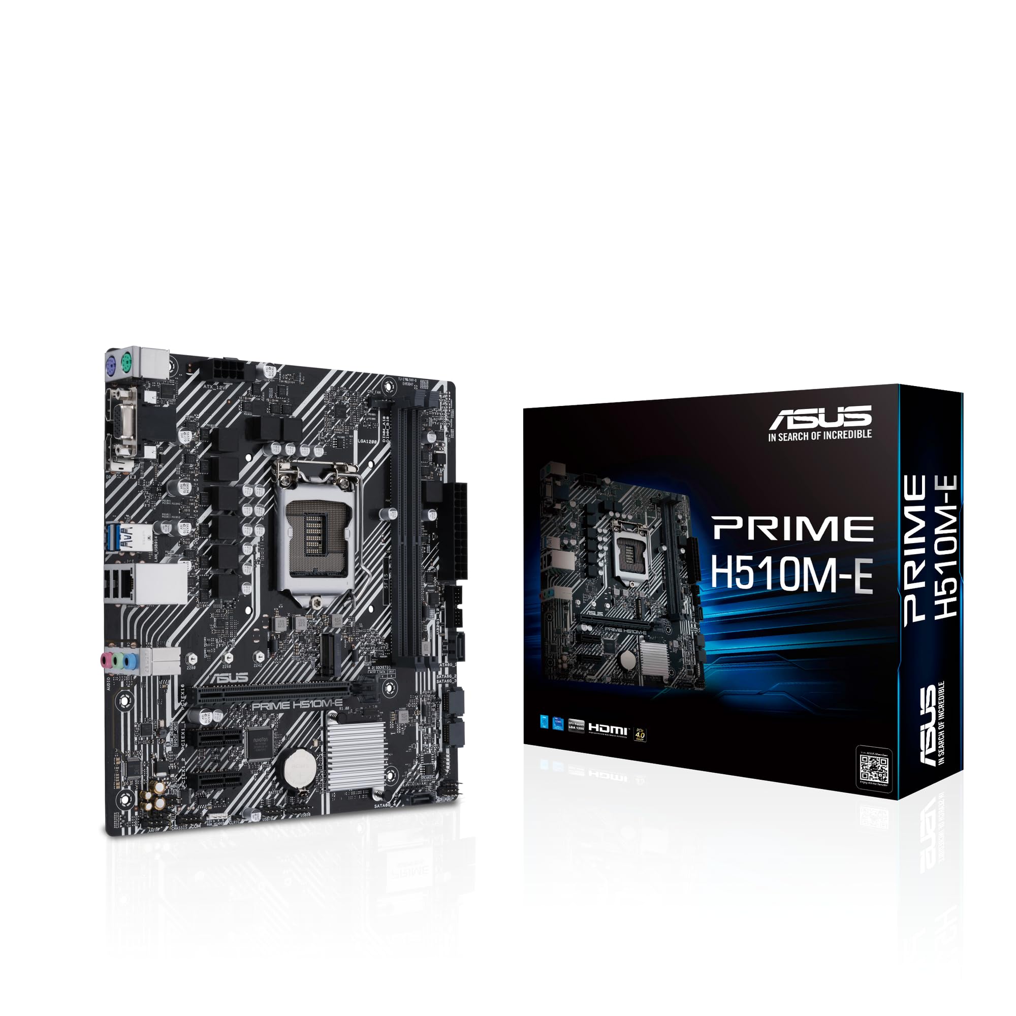 ASUS PRIME H510M E INTEL H510 LGA 1200 micro ATX motherboard with PCIe 4.0, 32Gbps M.2 slot, Intel 1 Gb Ethernet, DisplayPort, HDMI, D Sub, USB 3.2 Gen 1 Type A, Black