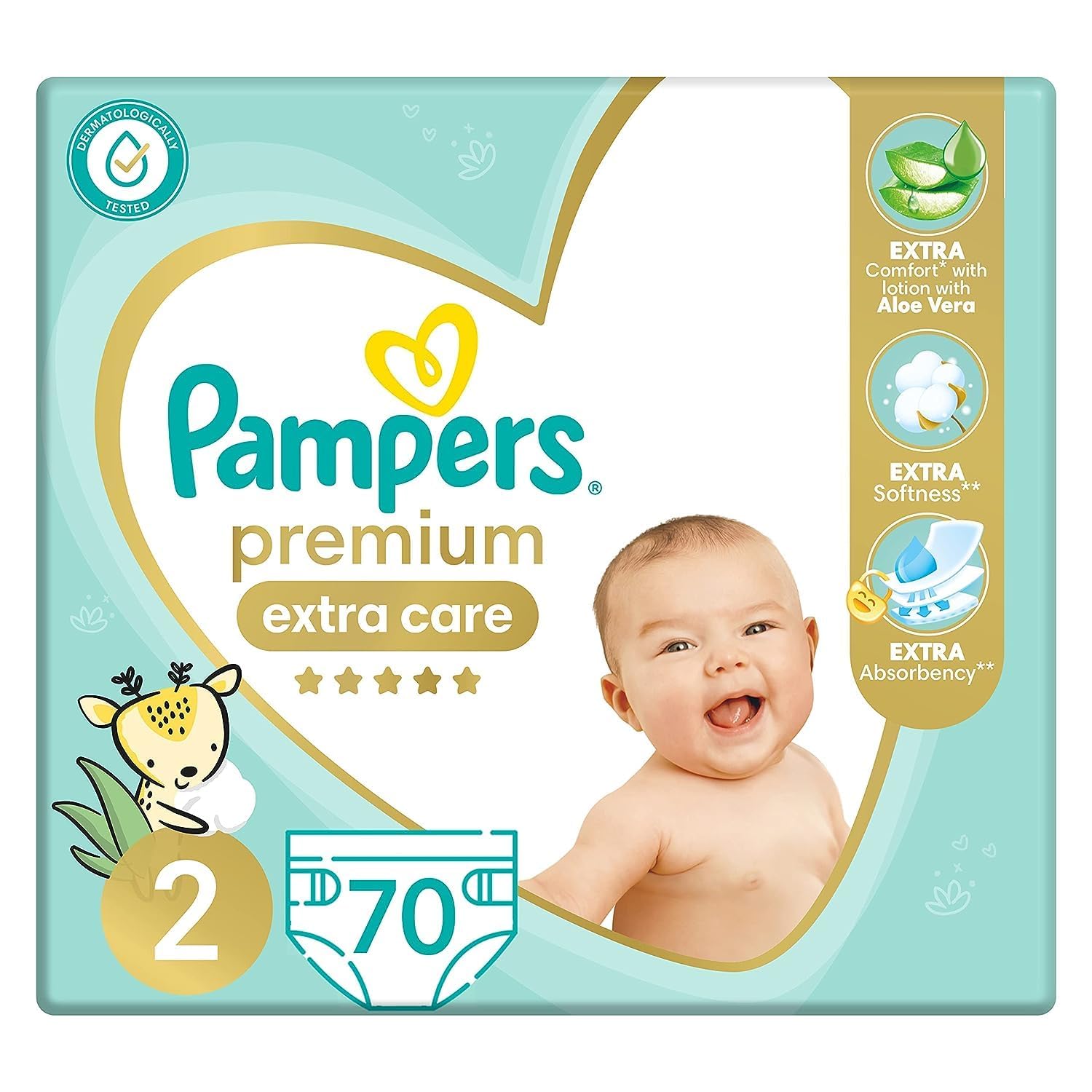 Pampers Premium EXTRA CARE Diapers, Size 2, 3-8 kg, with Lotion with Aloe Vera, 70 Baby Diapers