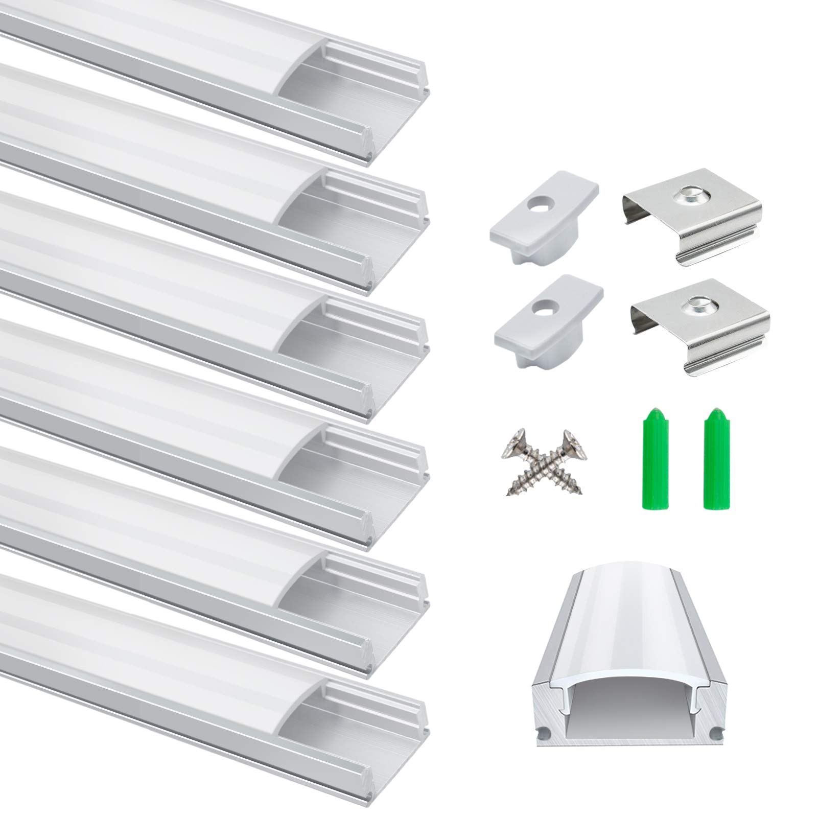 LightingWill LED Aluminum Profile, LED Aluminum Channel 6-Pack 3.3ft/1Meter Silver U-Shape LED Diffuser with Milky White Cover, End Caps and Mounting Clips Aluminum Extrusion for LED Strip Lights U02