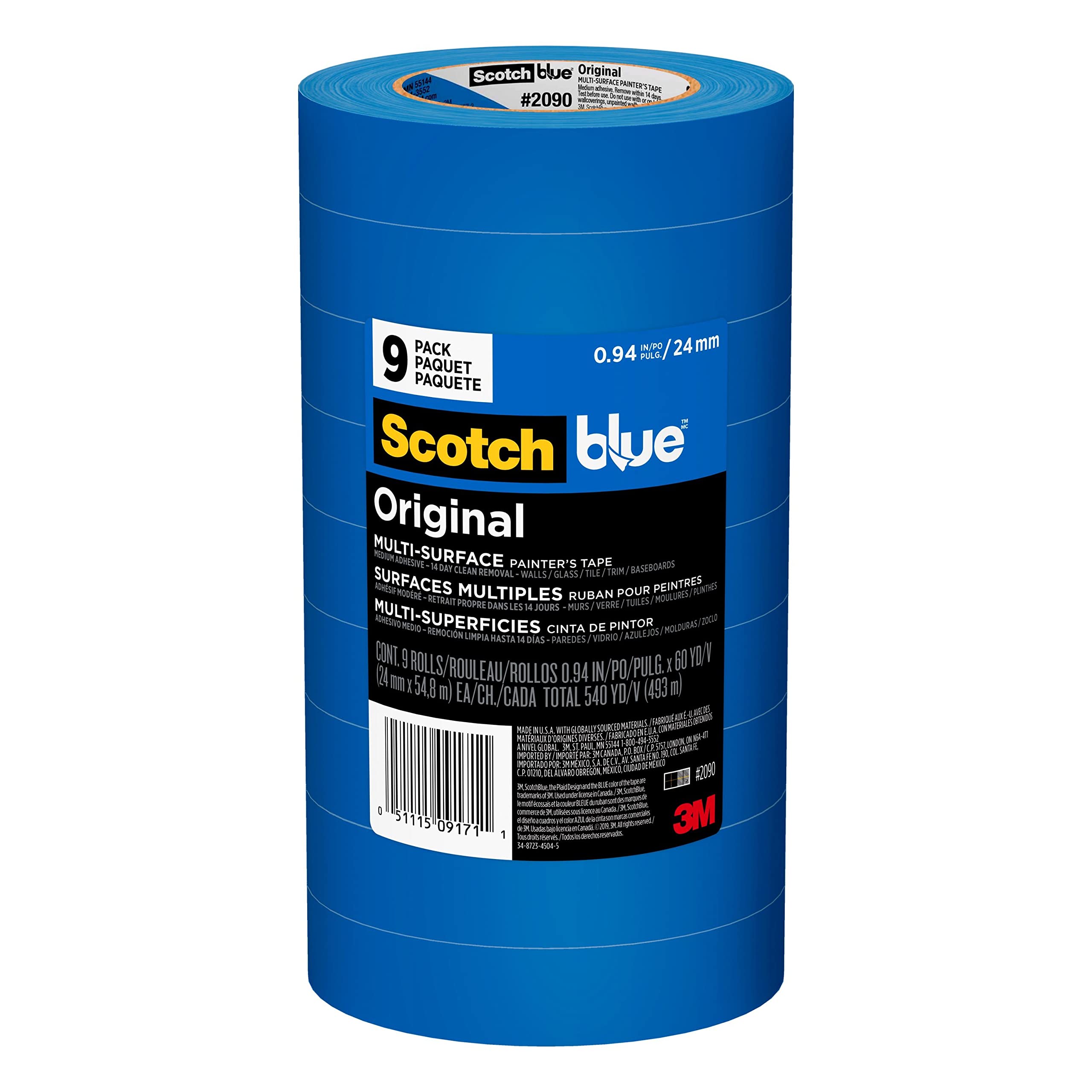 Scotch Painter's Tape Original Multi-Surface Painter's Tape, 0.94 Inches x 60 Yards, 9 Rolls, Blue, Paint Tape Protects Surfaces and Removes Easily, Multi-Surface Painting Tape for Indoor and Outdoor Use