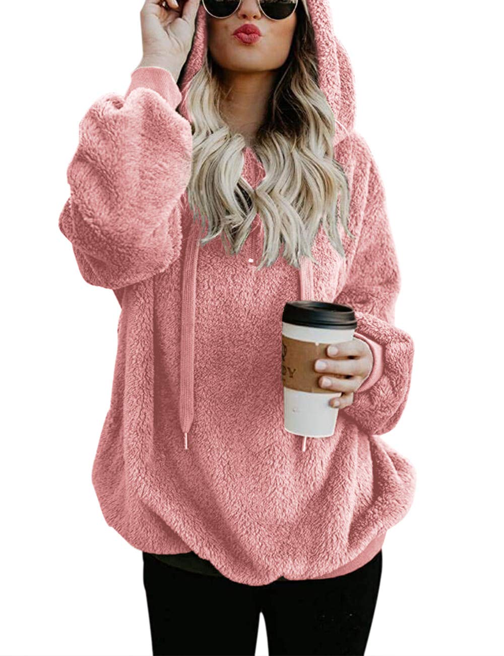 RomanstiiWomen Casual Double Fuzzy Sweatshirt Faux Fleece Zip Pullover Hoodies Coat Outwear S-XXL