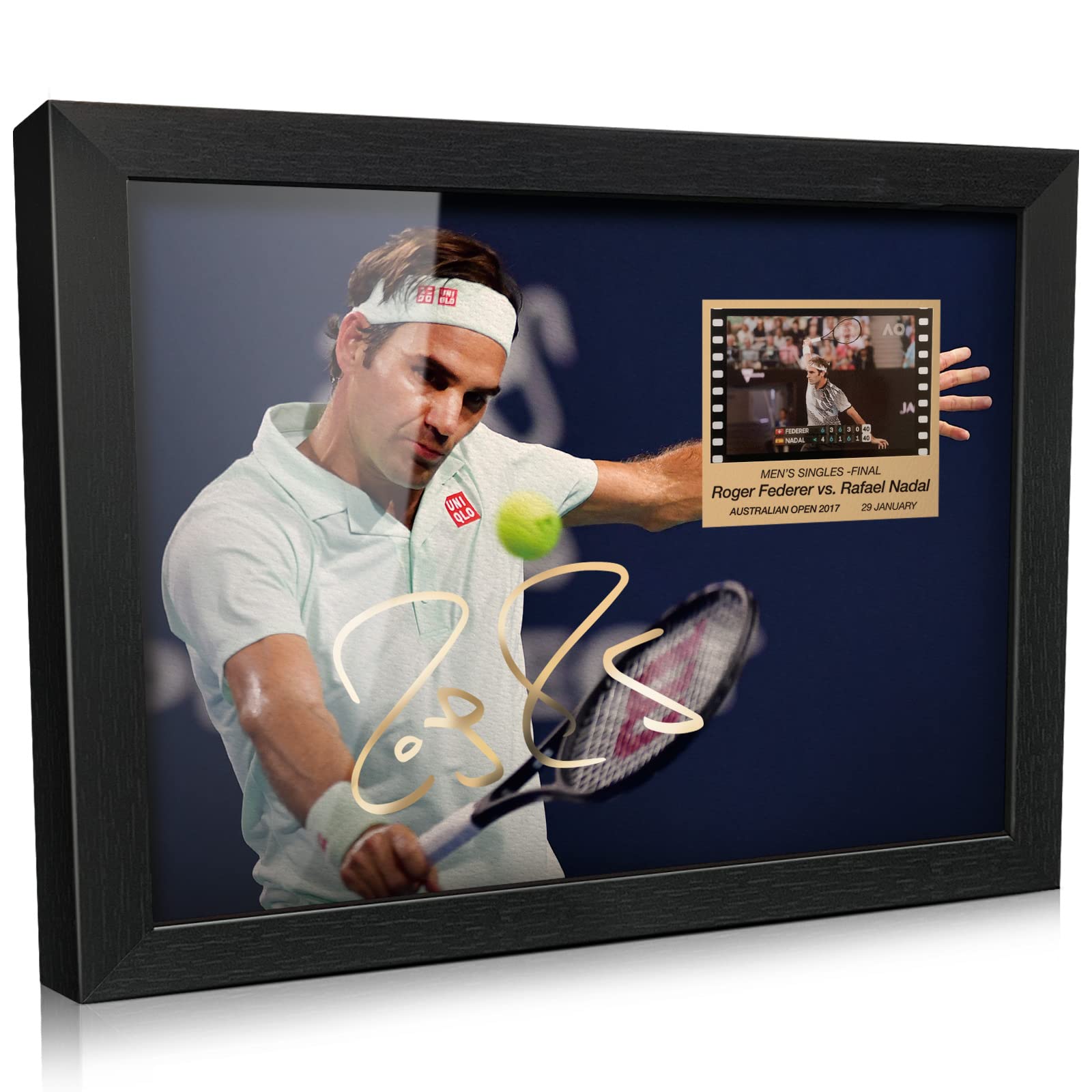 ORIMAMI Tennis Player Gifts | Signed Roger Federer Wooden Framed Photo Art Decor with Film Display | Cool Collectible Gift for Tennis Fans - 8"x6"