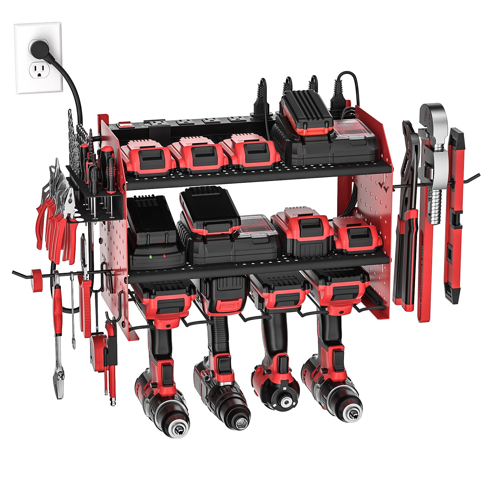 CRST Power Tool Organizer Charging Station, Tool Battery Organizer Utility with 8-Outlet Heavy Duty Power Strip Red