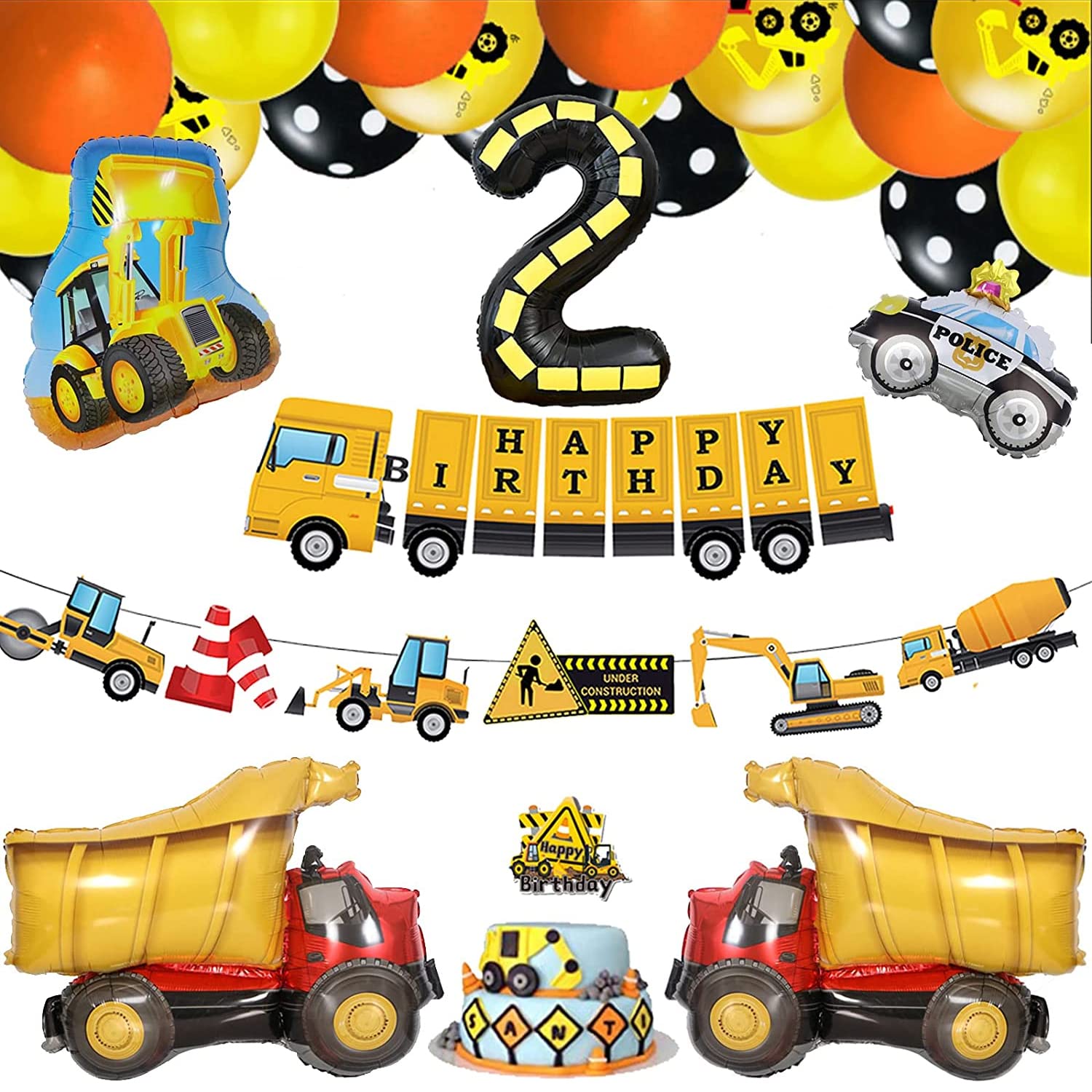 Construction Themed Birthday Party Supplies for Boys - 45 Pcs Dump Truck 2nd Birthday Party Decorations for Kids, Including Digger Cake Topper, Giant Number TWO Aluminum Foil Balloons, Latex Balloons