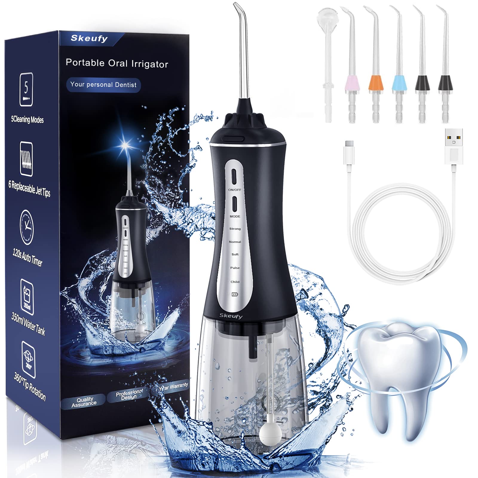 SkeufyDental Water Flossers for Teeth Cordless, Powerful with 6 Jet Tips, Rechargeable Oral Irrigator, IPX7 Waterproof with 5 Modes, Portable 350ML Water Tank for Travel & Home Use