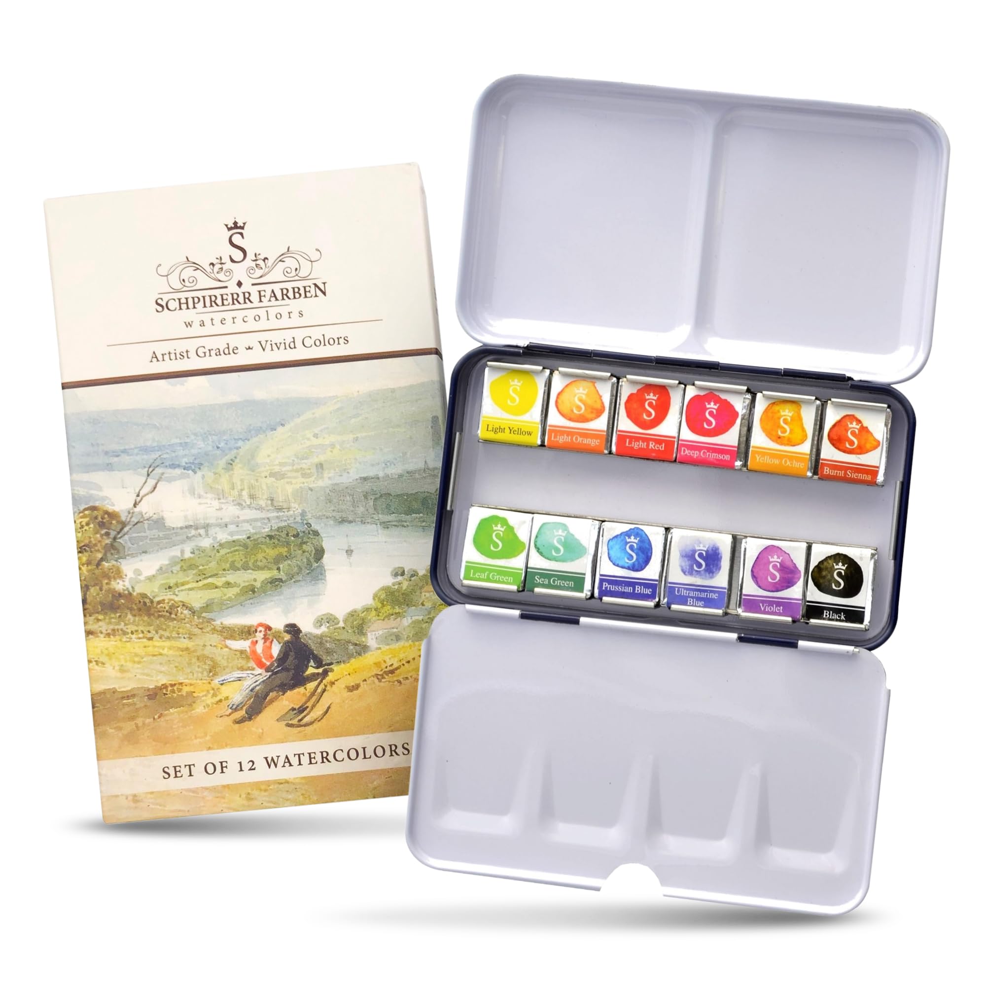 SCHPIRERR FARBENWatercolor Paint Set with Rich Pigment, Watercolor Set for Adults and Children, Portable Painter Palette in a Tin Box with a Metal Ring, 12 Vivid Colors