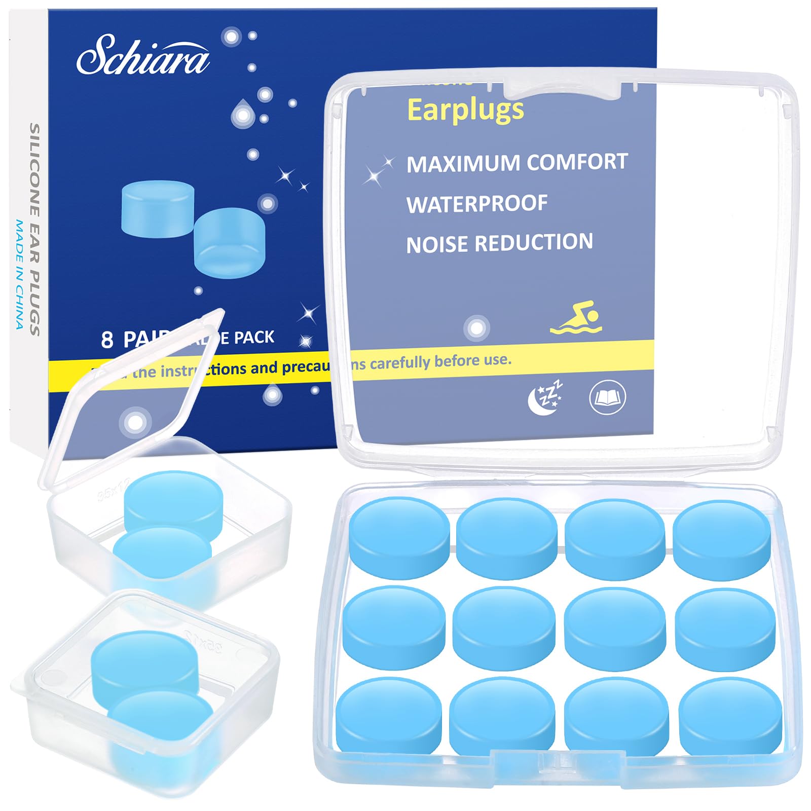 Schiara Ear Plugs for Sleeping, 16 Moldable Noise Cancelling Silicone Earplugs for Swimming, Snoring, Sleep and Studying