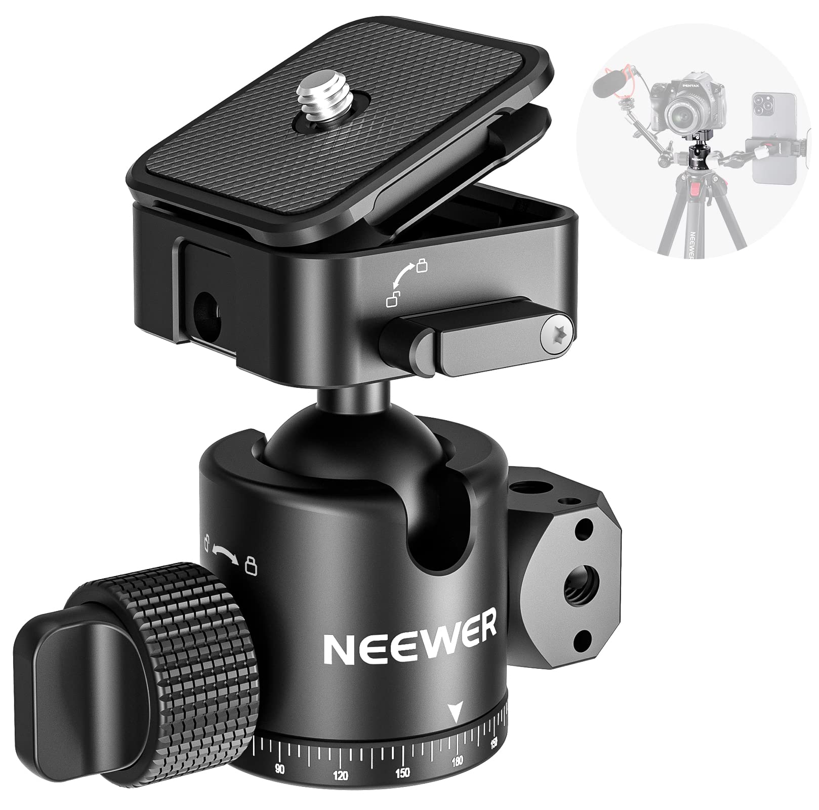 NEEWER Ball Head with Four Sided Arca Slot Quick Release Plate, 360° Panoramic 180° Tilt, Four 1/4" ARRI Locating Holes, 2 In 1 Upgraded Locking Knob for Camera Camcorder, Max Load13.2lb/6kg, GM12