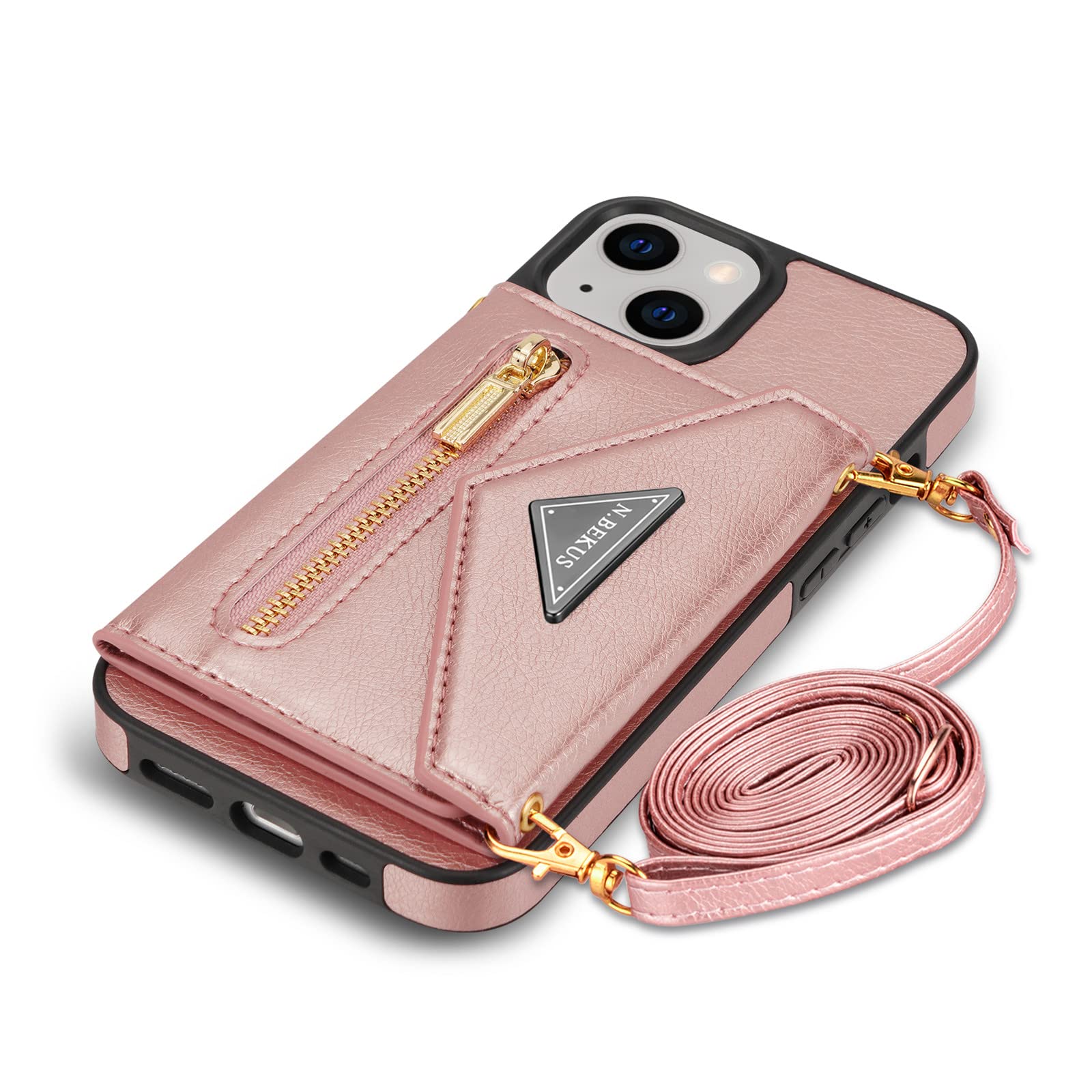 Zipper Wallet Purse Compatible with iPhone 14 Crossbody Case with Strap Women Credit Card Holder Lanyard 6.1'' Kickstand Flip Leather (Pink,IP 14)