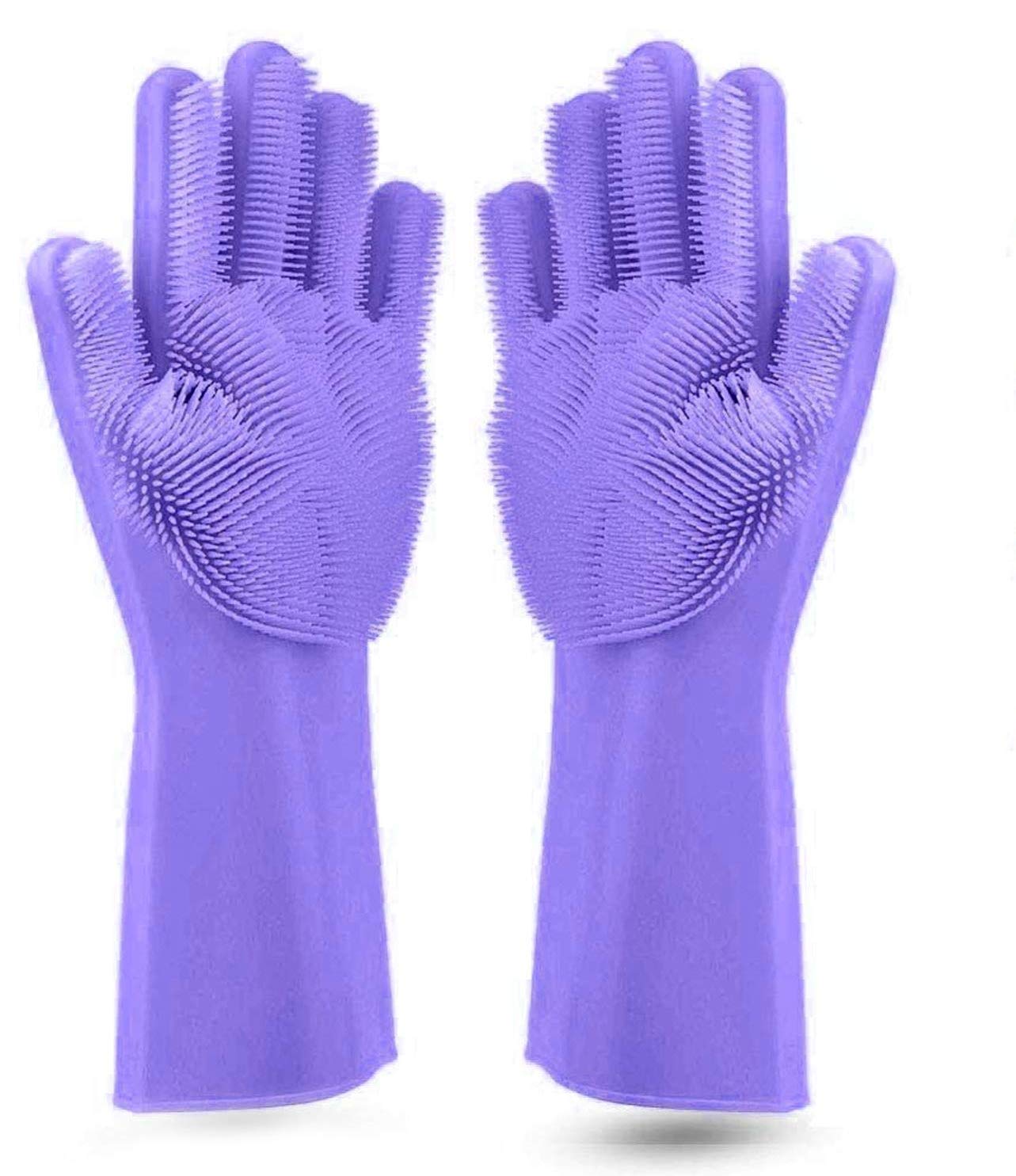 Seebuy Purple Magic Dishwashing Gloves with Scrubber, Silicone Cleaning Reusable Scrub Gloves for Wash Dish,Kitchen, Bathroom(14" Large) (1 Pair: Right + Left Hand)