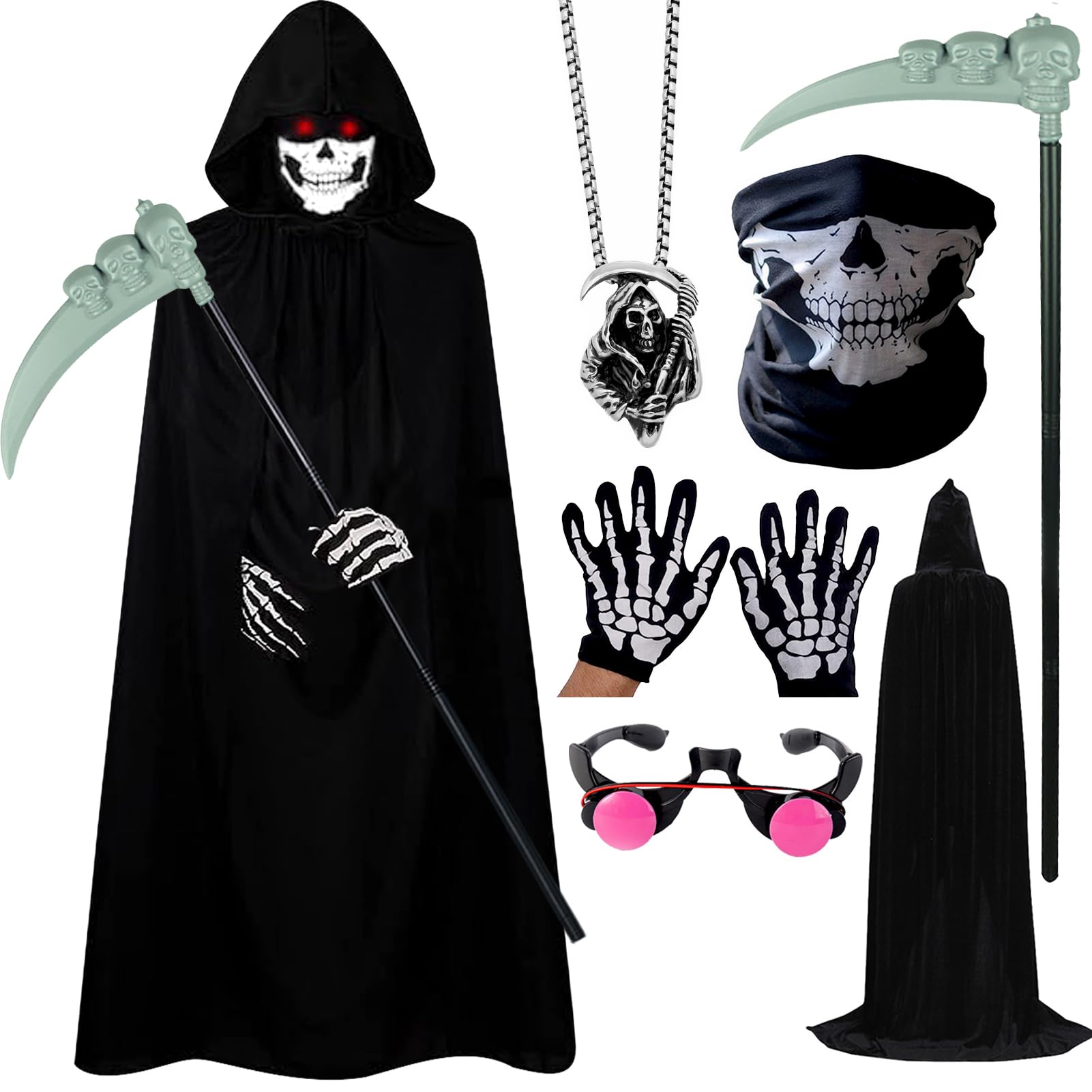 Amycute Grim Reaper Costume Adult Kids Halloween Fancy Dress Costume, Halloween Hooded Cloak Black Velvet Cloak with Accessories for Boys Mens Grim Reaper Costume