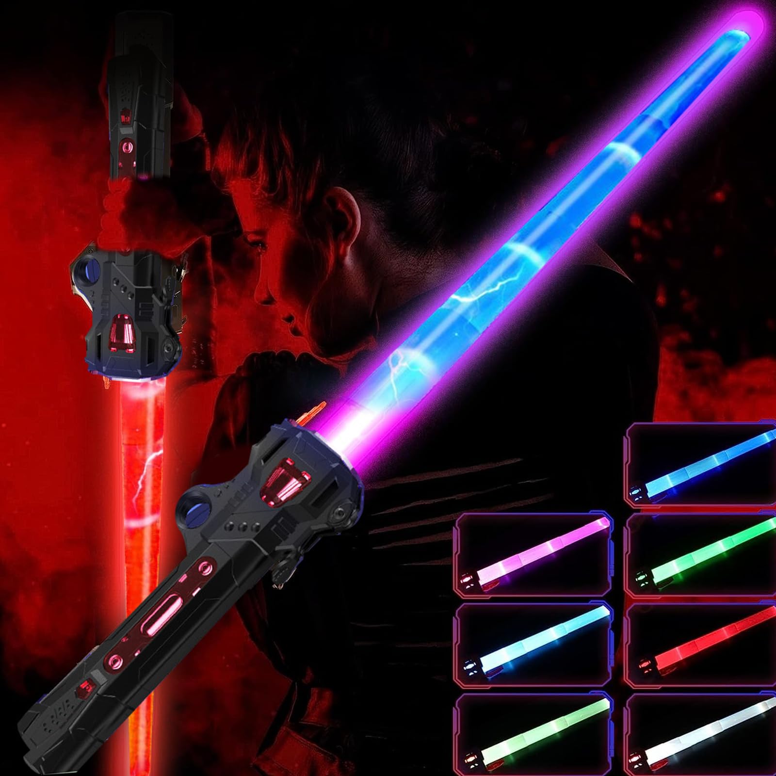 Light Saber for Kids - LED Colour Changing Lightsaber Toys With 7 Colors and FX Sounds - Extendable Light Sabers for Halloween Fancy Dress Parties, (Black)