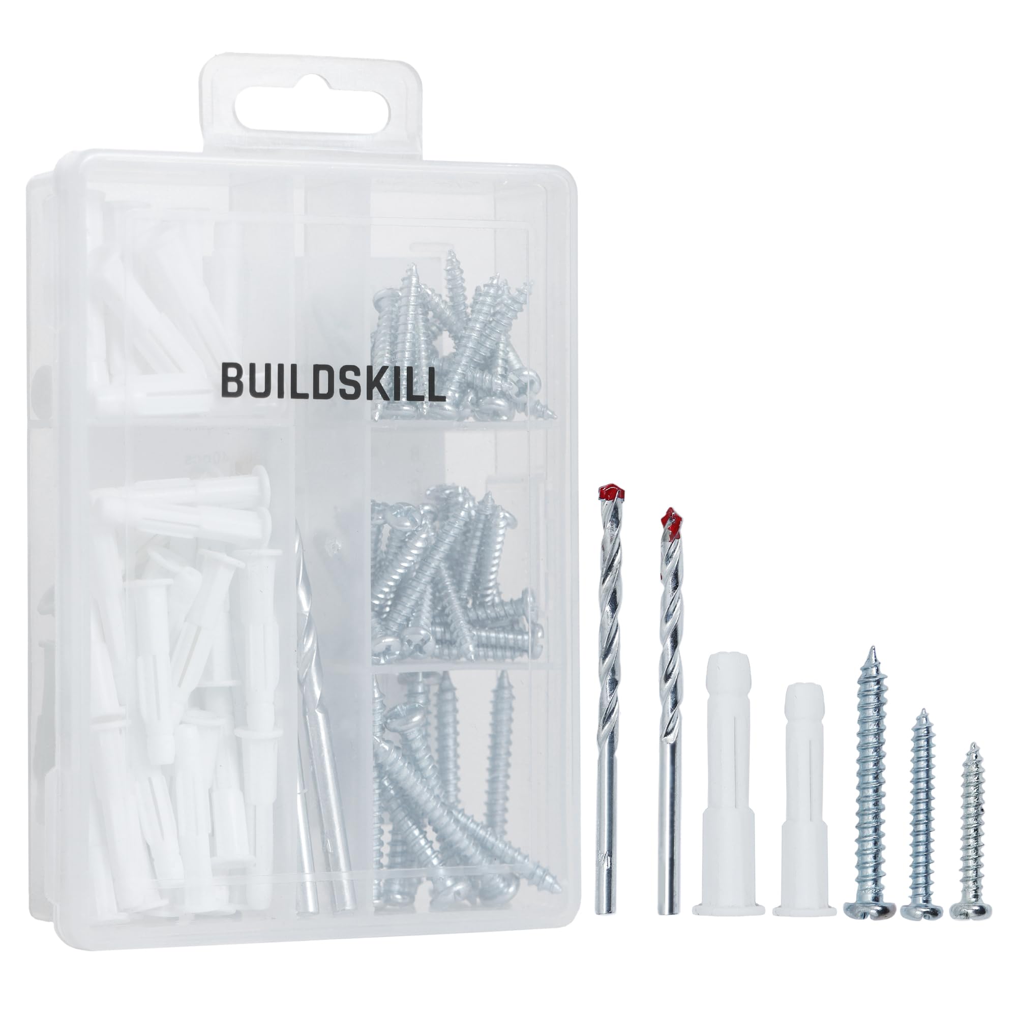 Buildskill 102 pcs Screw Driver Tool Set Kit with Storage Box and Drill Bits - Multipurpose Zinc-Plated Phillips Flat Head Screws & Ribbed Anchors, Multiple Sizes in Transparent Hanging Case