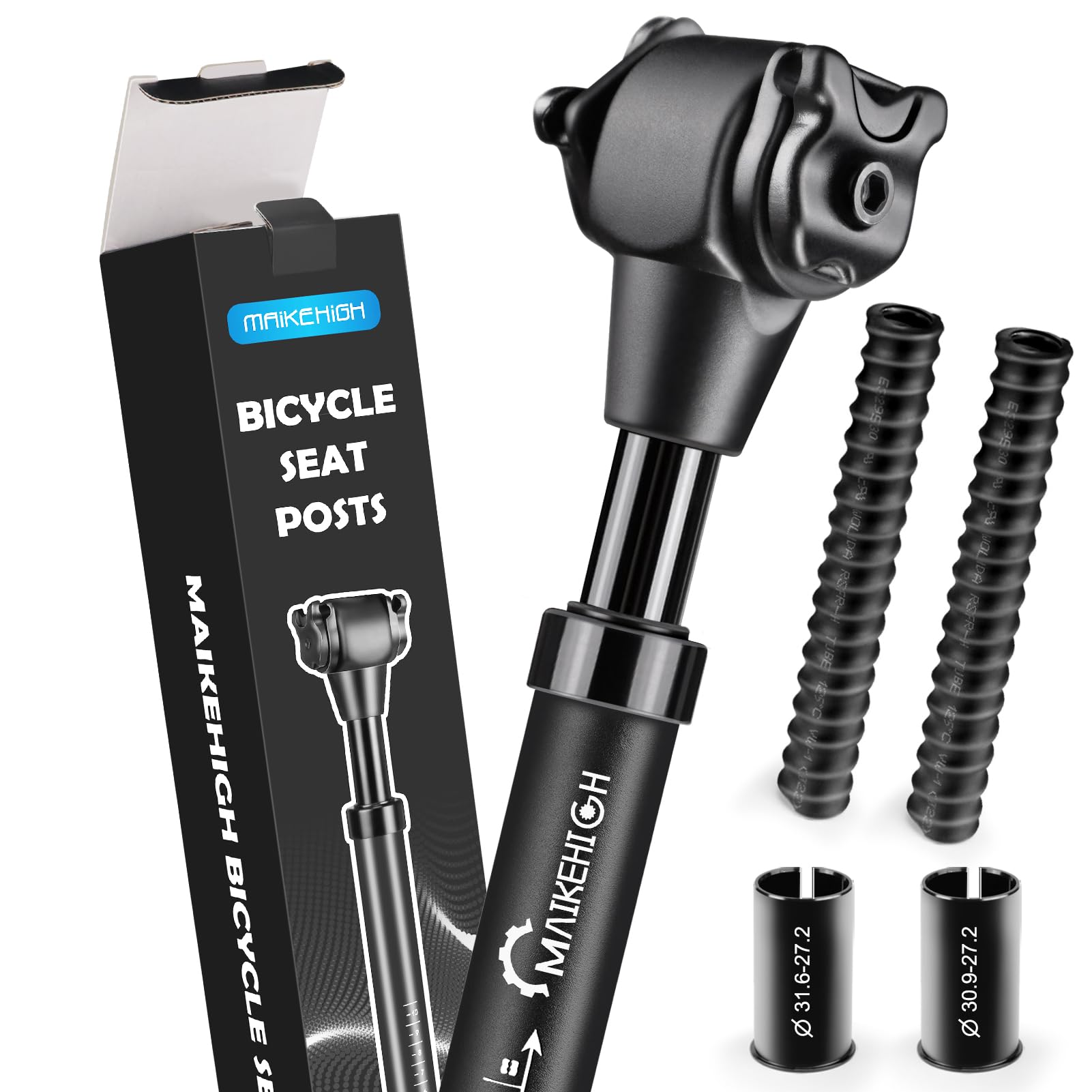 MAIKEHIGHBike Suspension Seat Post, Ø27.2/30.9/31.6mm Alluminium Bicycle Seatpost with 2 Reducing Sleeves 2 Springs for MTB City Bikes Road Bike E-Bike