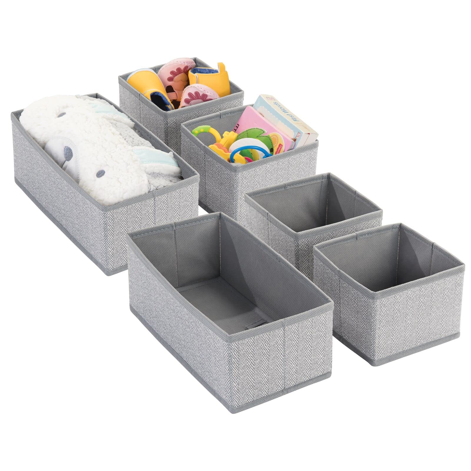 mDesign Fabric 3-Piece Drawer Organizer Bin, Baby Nursery Dresser, Closet, Shelf, Playroom Organization, Hold Clothes, Toys, Diapers, Bibs, Blankets, Lido Collection, 2 Pack, Gray Herringbone