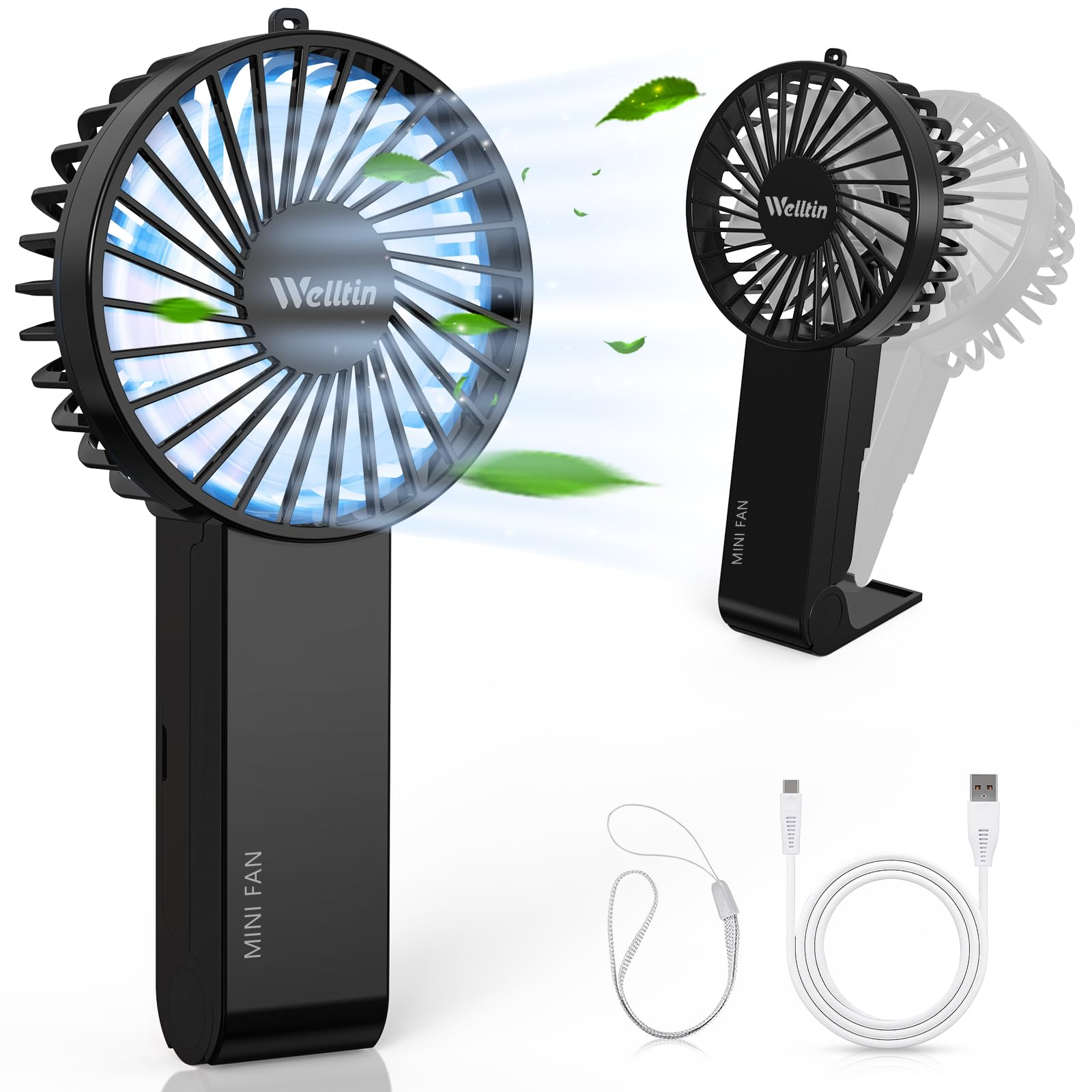 Welltin HandHeld Fan,Portable Mini Hand Fan with USB Rechargeable Battery, Powerful Desk Fan with 3 Speed for Office Home Outdoor Traveling Black